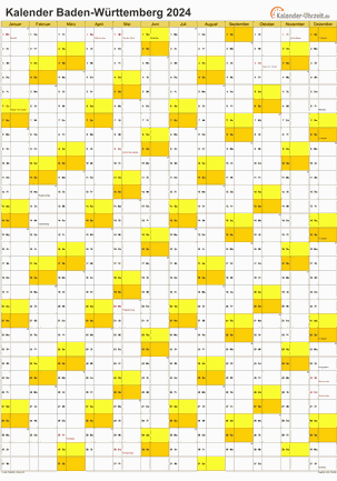 Baden-Württemberg Kalender 2024 - A4 hoch-einseitig Baden-Württemberg Kalender 2024 mit Feiertagen - hoch-einseitig