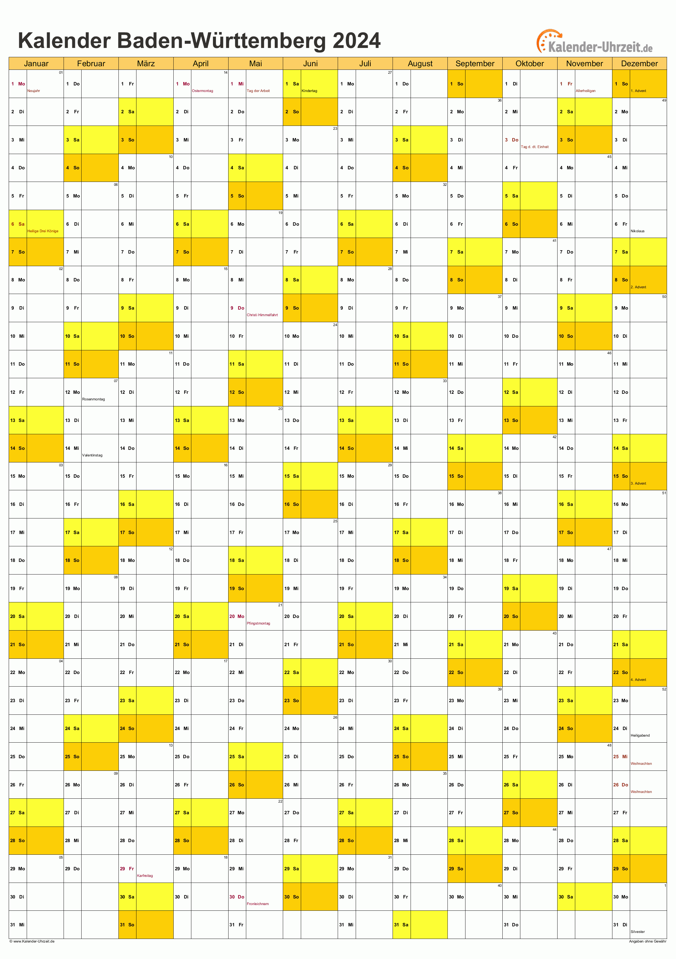 Baden-Württemberg Kalender 2024 - A4 hoch-einseitig Baden-Württemberg Kalender 2024 mit Feiertagen - hoch-einseitig
