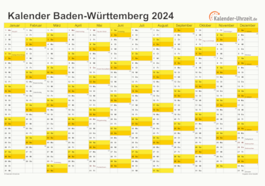 Baden-Württemberg Kalender 2024 - A4 quer-einseitig Baden-Württemberg Kalender 2024 mit Feiertagen - quer-einseitig