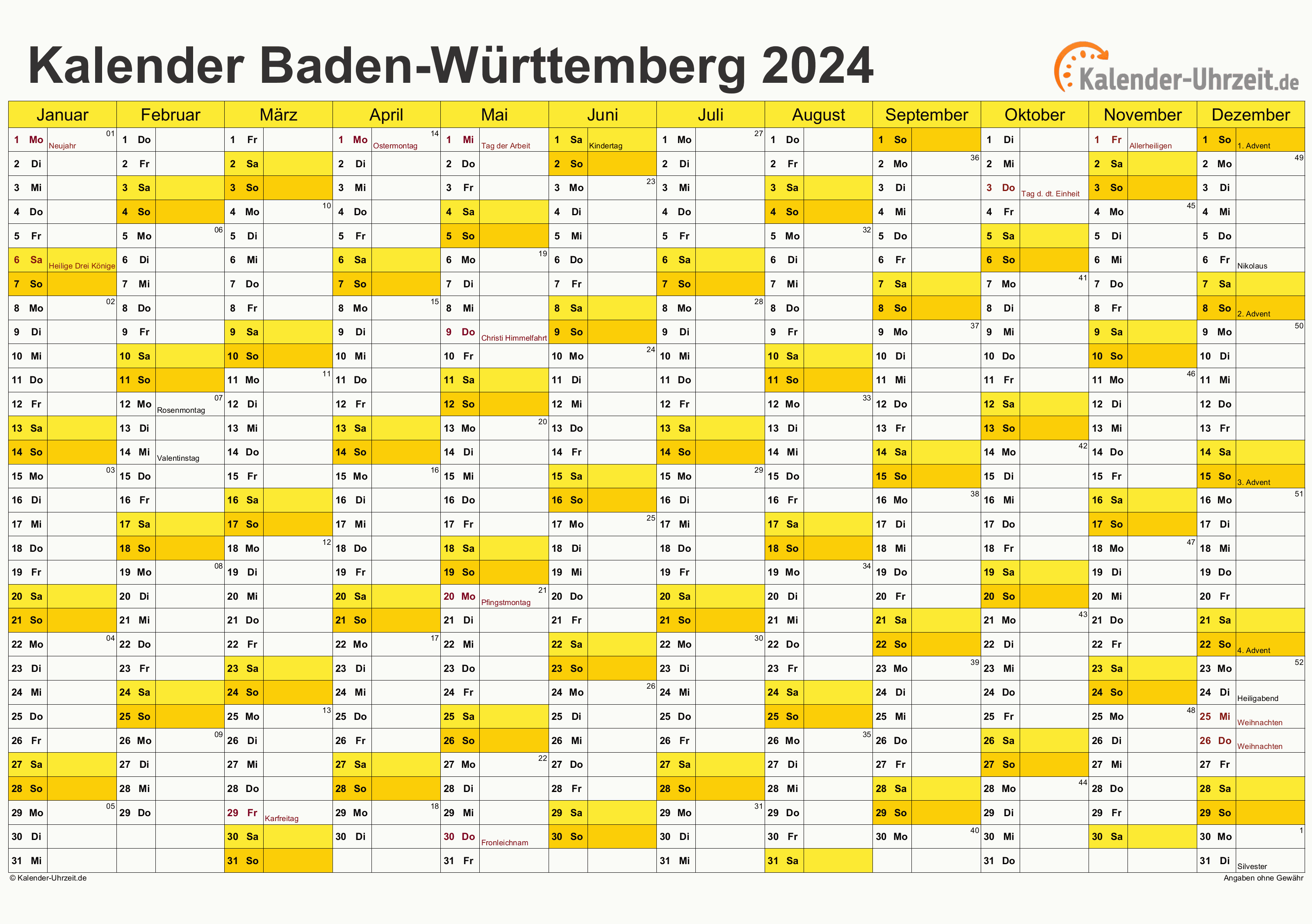 Baden-Württemberg Kalender 2024 - A4 quer-einseitig Baden-Württemberg Kalender 2024 mit Feiertagen - quer-einseitig