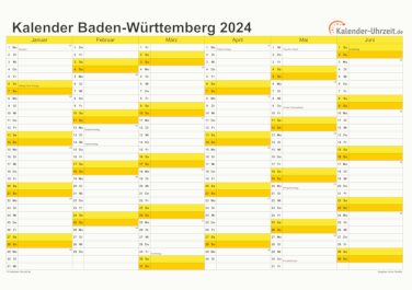 Baden-Württemberg Kalender 2024 - A4 quer-zweiseitig Baden-Württemberg Kalender 2024 mit Feiertagen - quer-zweiseitig