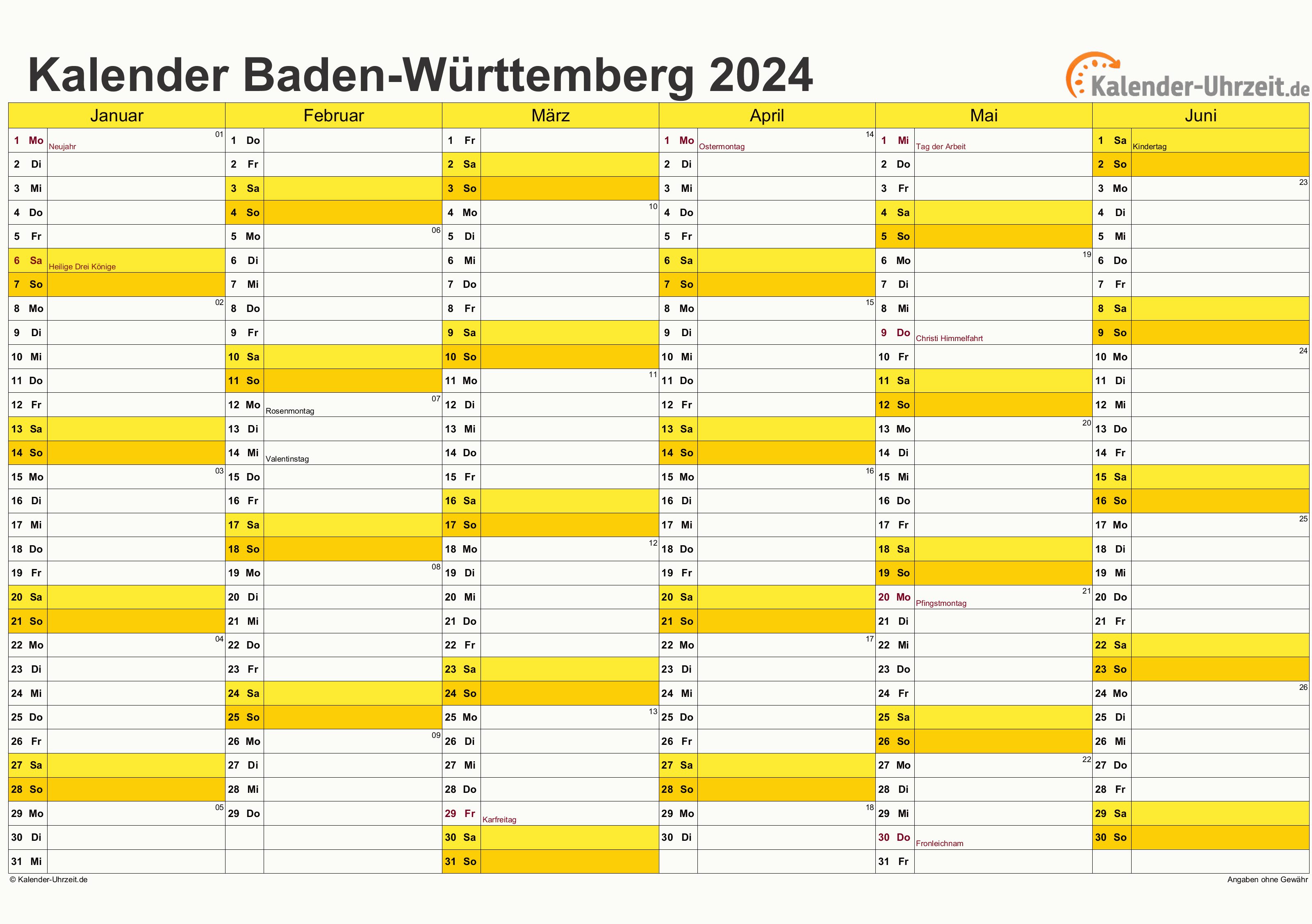 Baden-Württemberg Kalender 2024 mit Feiertagen - quer-zweiseitig