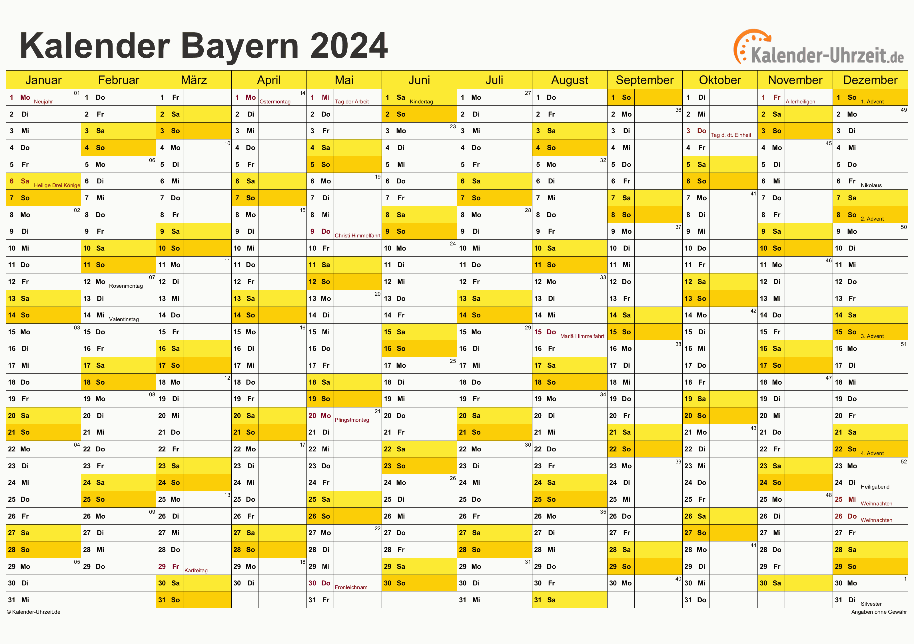 Bayern Kalender 2024 mit Feiertagen - quer-einseitig