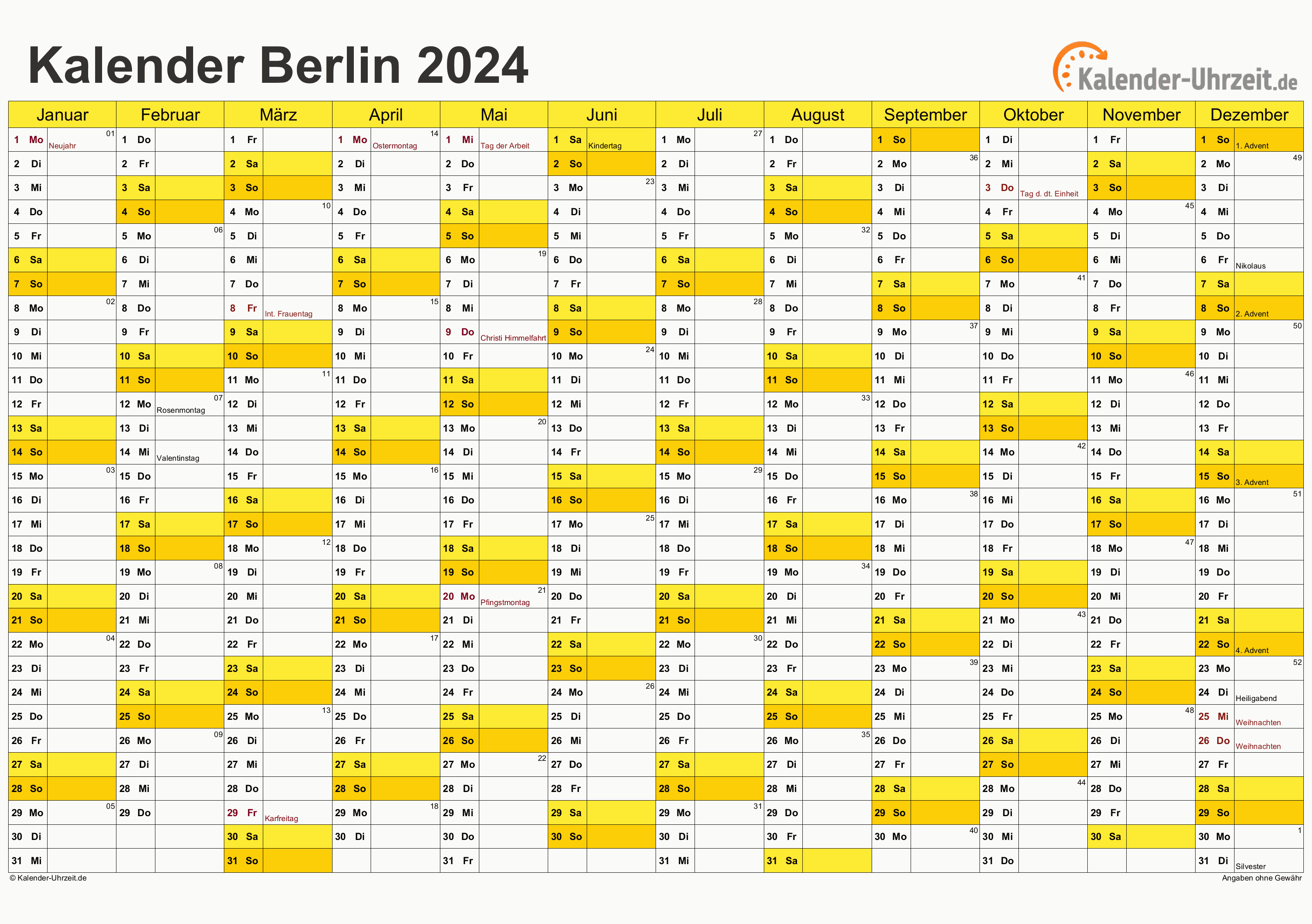 Berlin Kalender 2024 mit Feiertagen - quer-einseitig