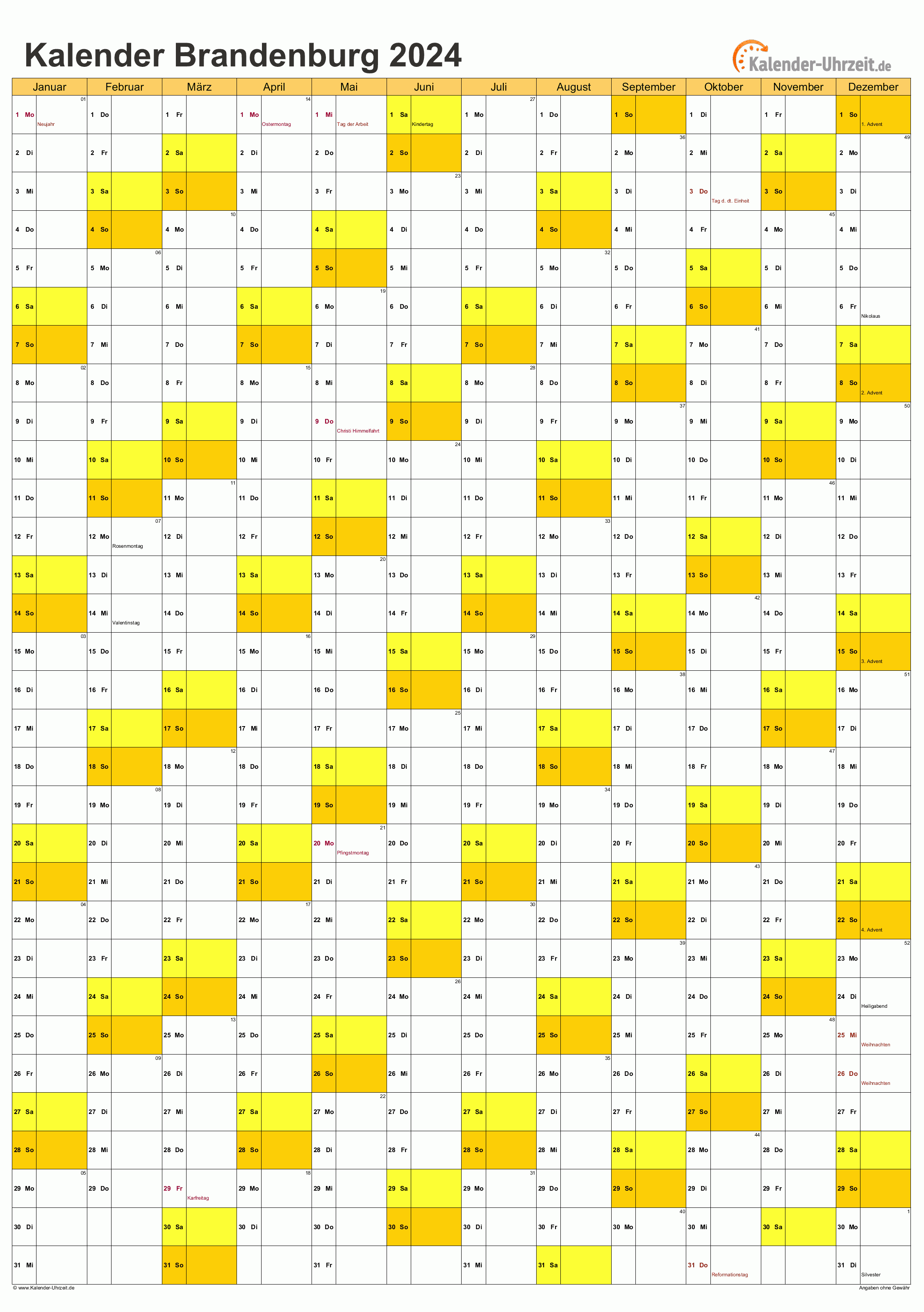 Brandenburg Kalender 2024 - A4 hoch-einseitig Brandenburg Kalender 2024 mit Feiertagen - hoch-einseitig