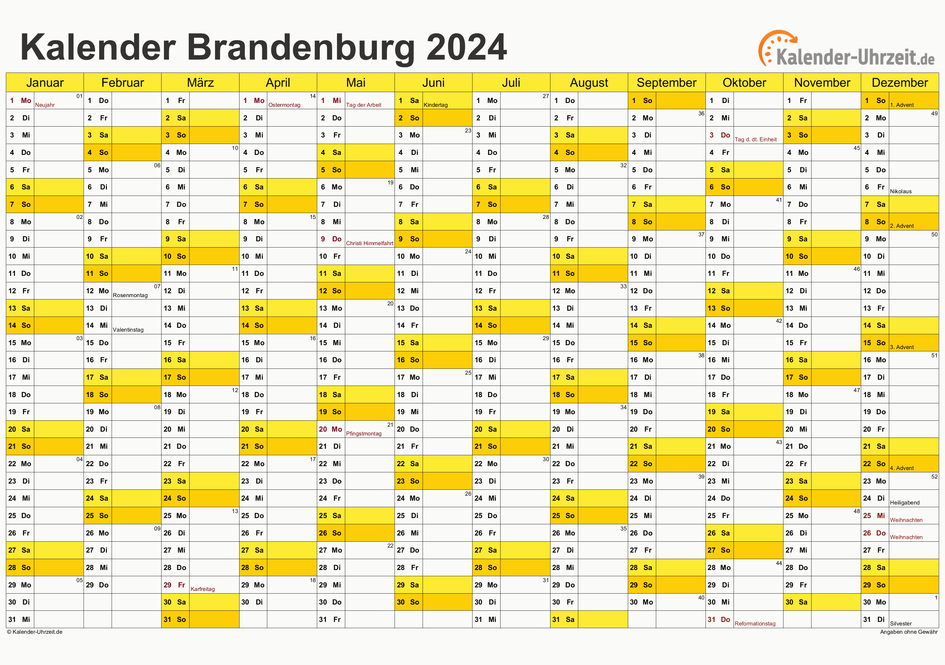 Brandenburg Kalender 2024 mit Feiertagen - quer-einseitig