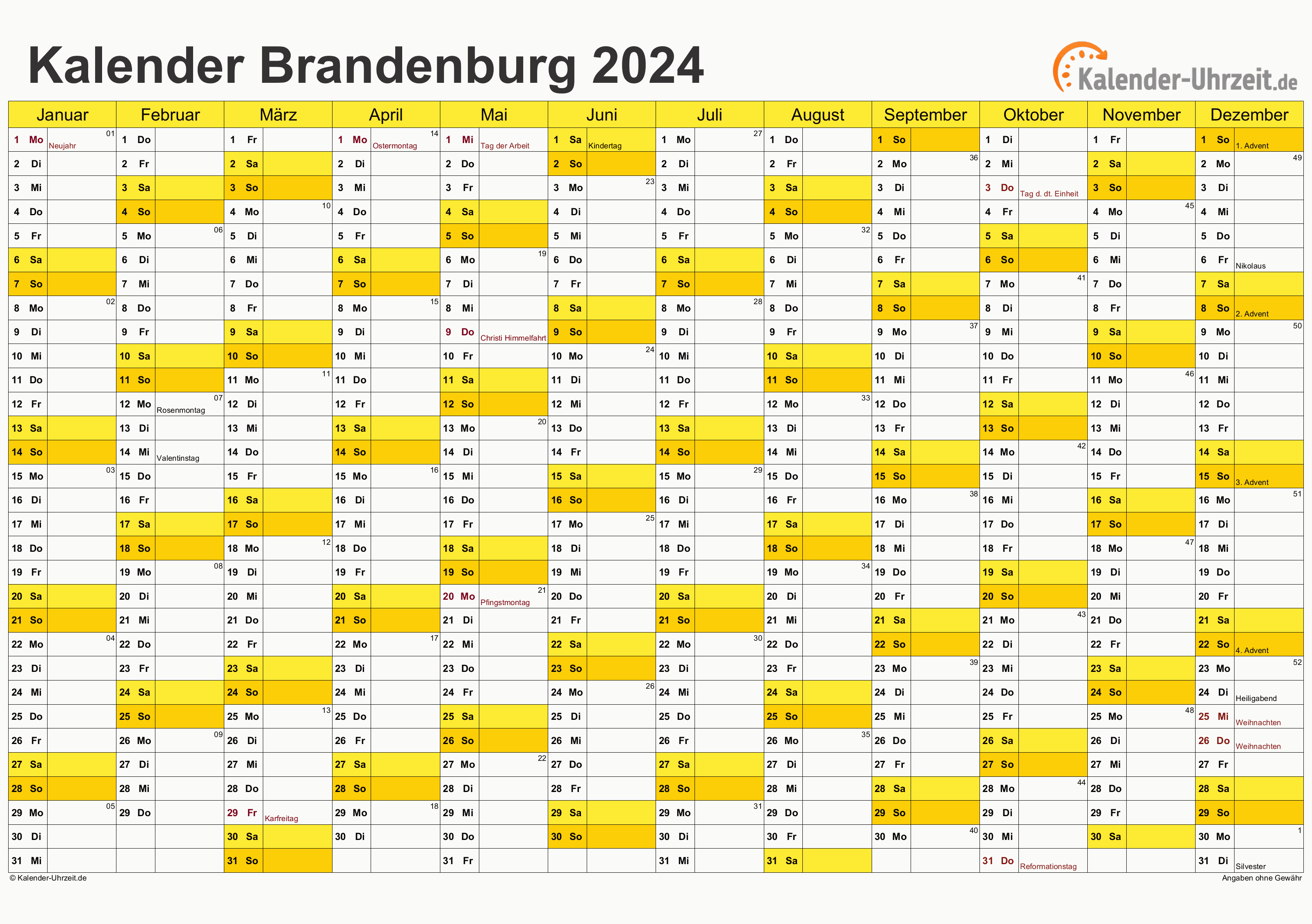 Brandenburg Kalender 2024 - A4 quer-einseitig Brandenburg Kalender 2024 mit Feiertagen - quer-einseitig