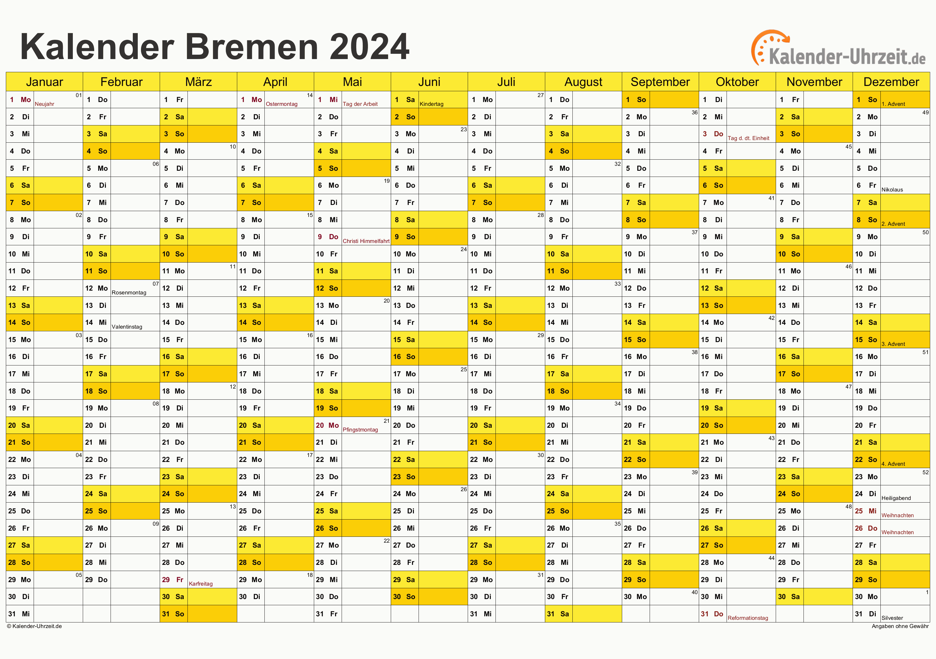 Bremen Kalender 2024 mit Feiertagen - quer-einseitig
