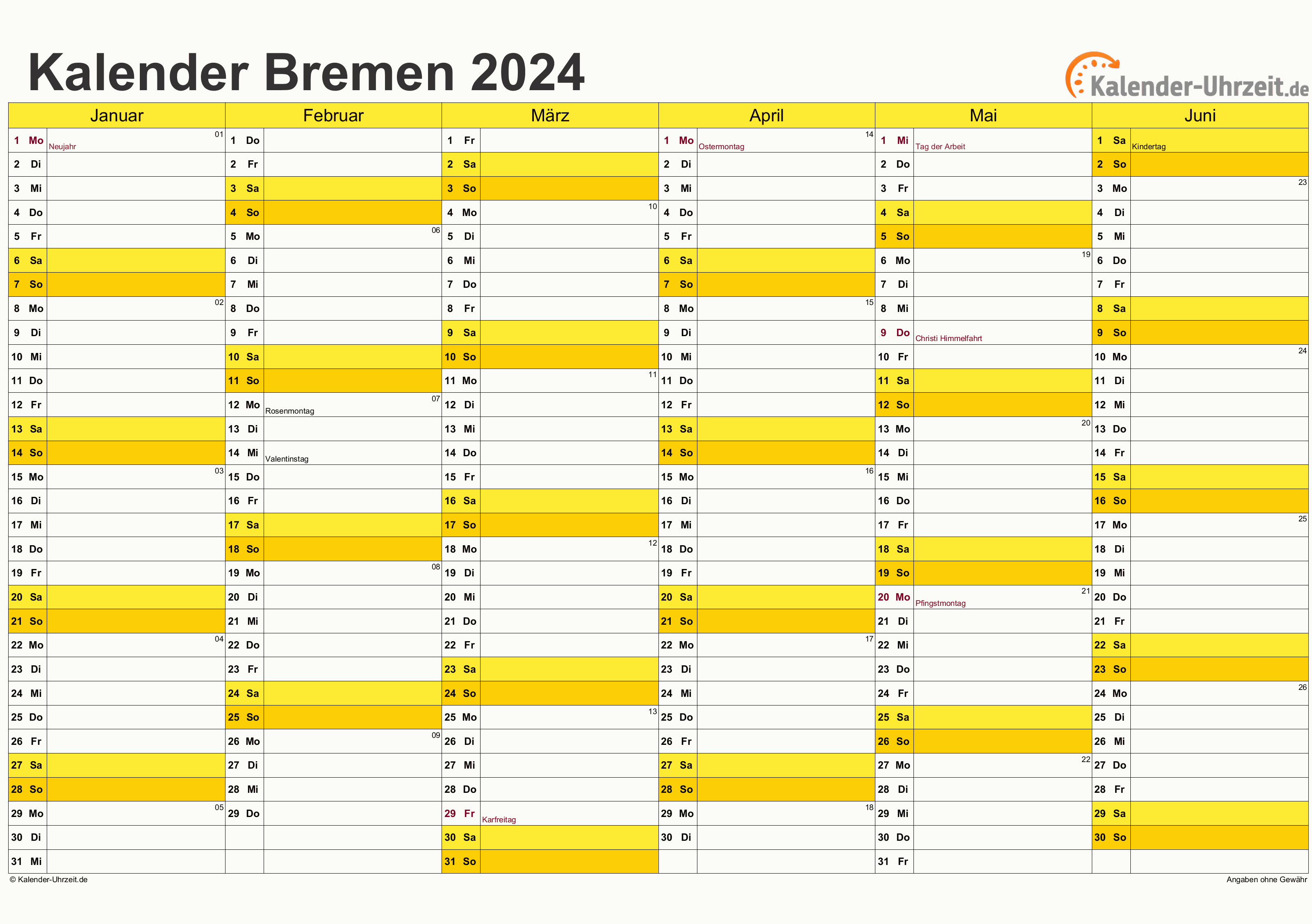 Bremen Kalender 2024 mit Feiertagen - quer-zweiseitig