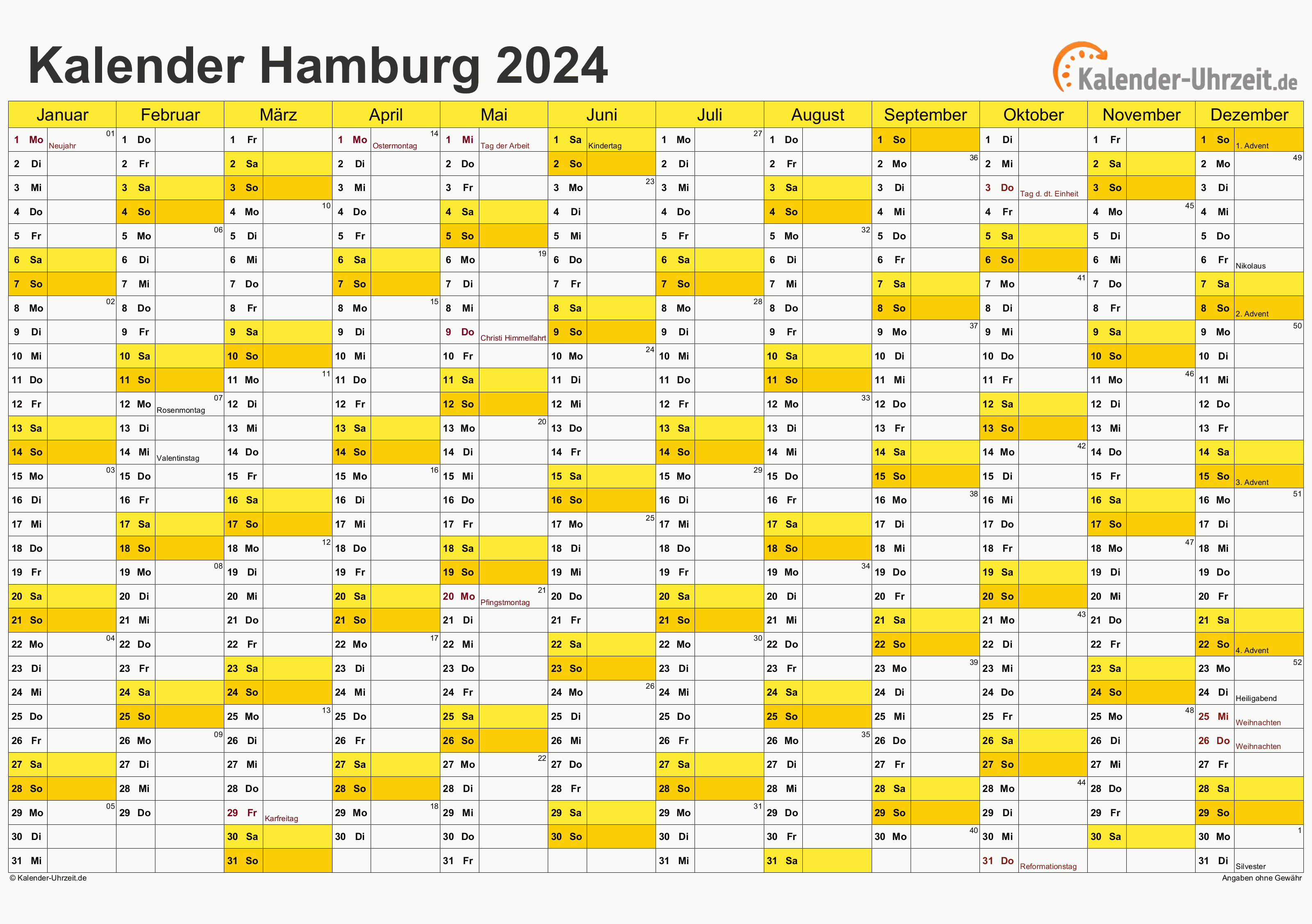 Hamburg Kalender 2024 - A4 quer-einseitig Hamburg Kalender 2024 mit Feiertagen - quer-einseitig