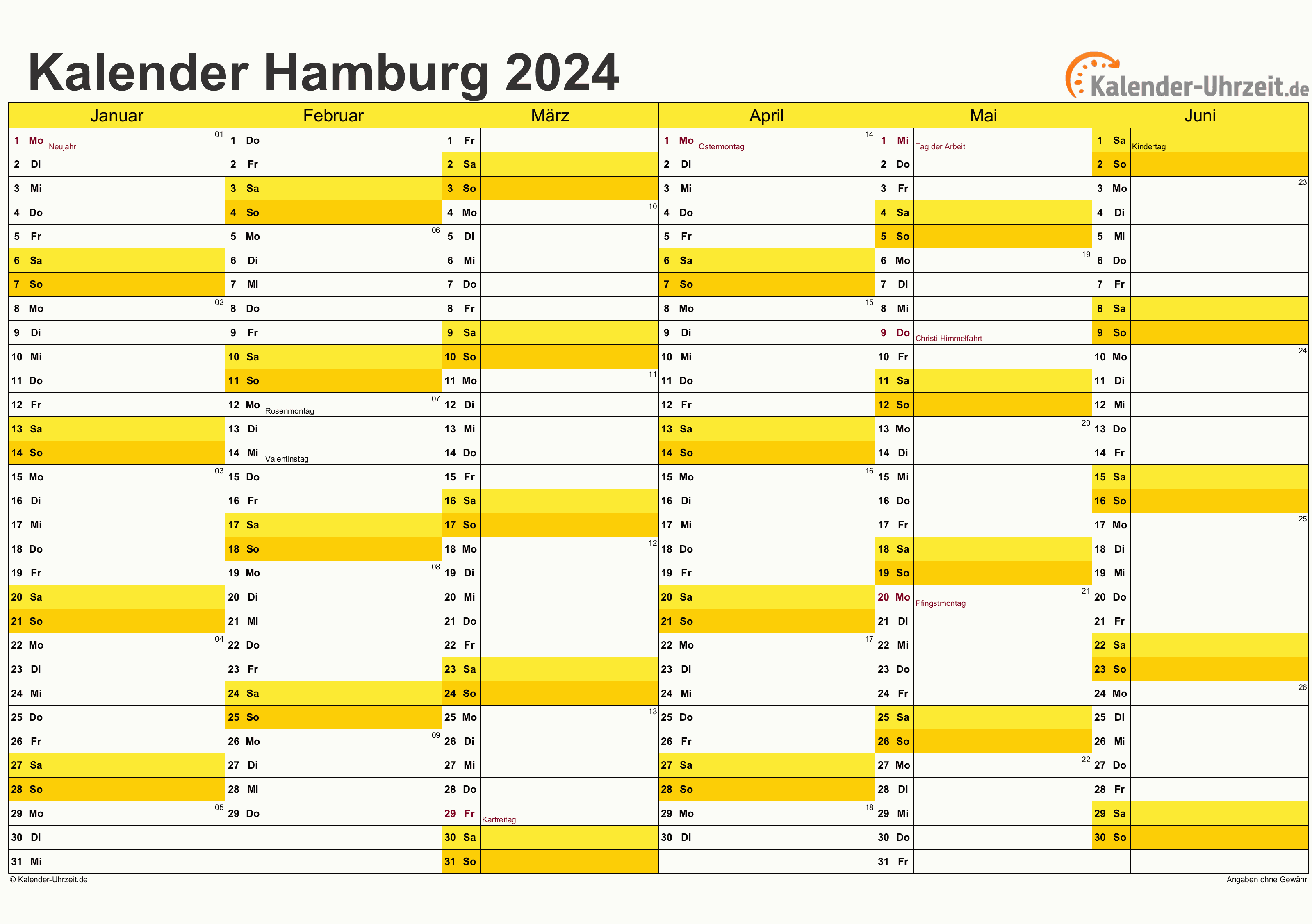 Hamburg Kalender 2024 mit Feiertagen - quer-zweiseitig
