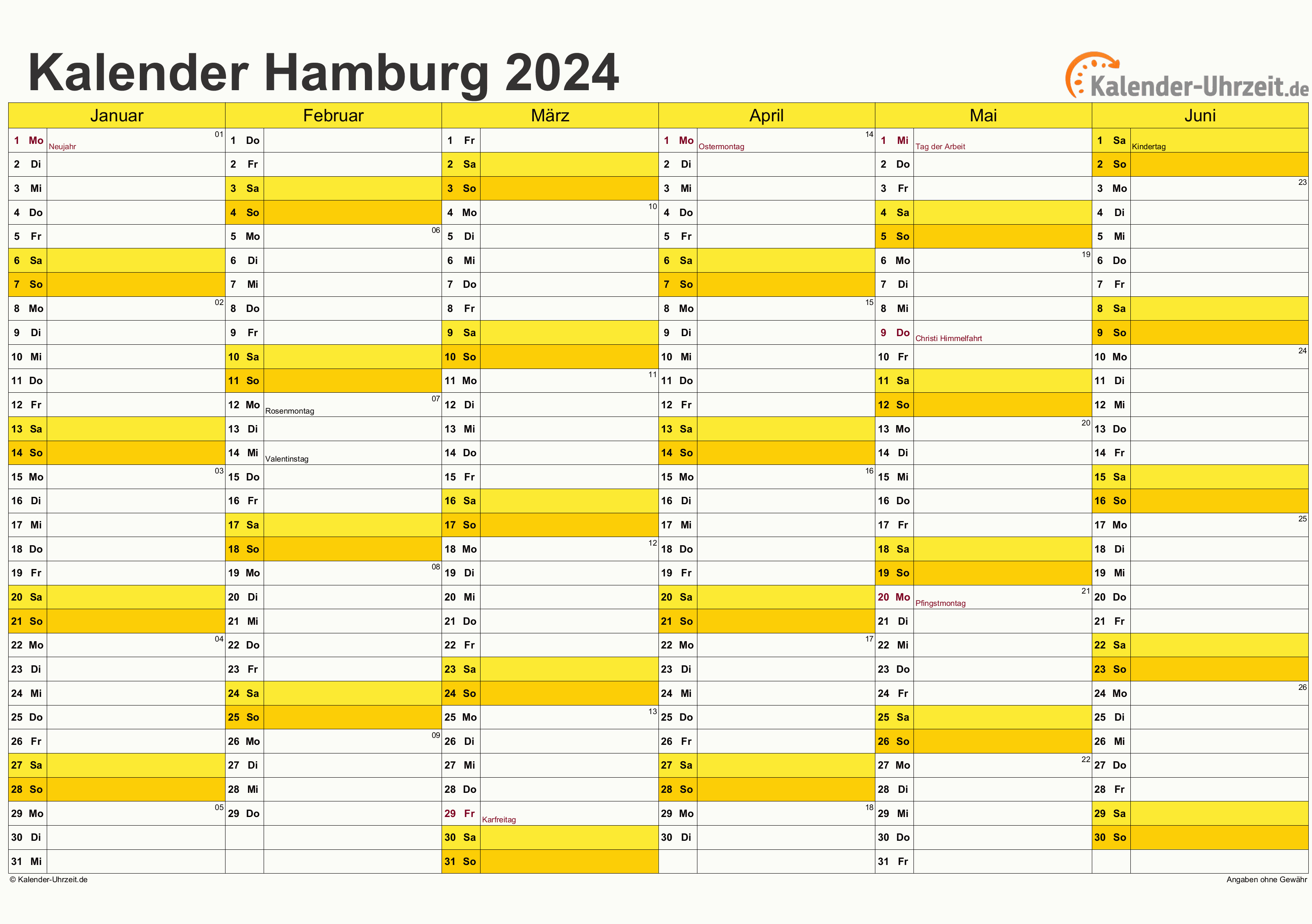 Hamburg Kalender 2024 - A4 quer-zweiseitig Hamburg Kalender 2024 mit Feiertagen - quer-zweiseitig