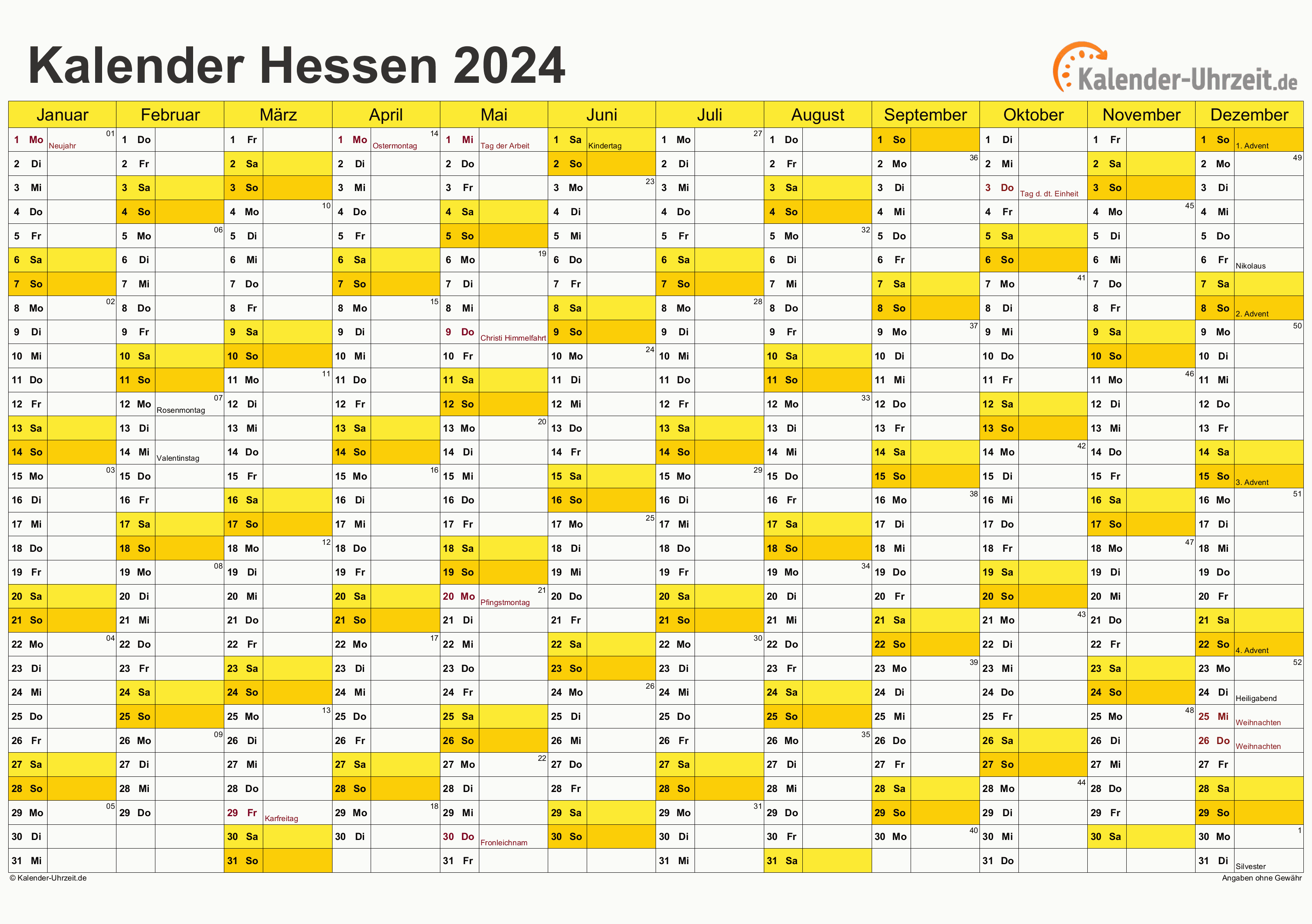 Hessen Kalender 2024 - A4 quer-einseitig Hessen Kalender 2024 mit Feiertagen - quer-einseitig