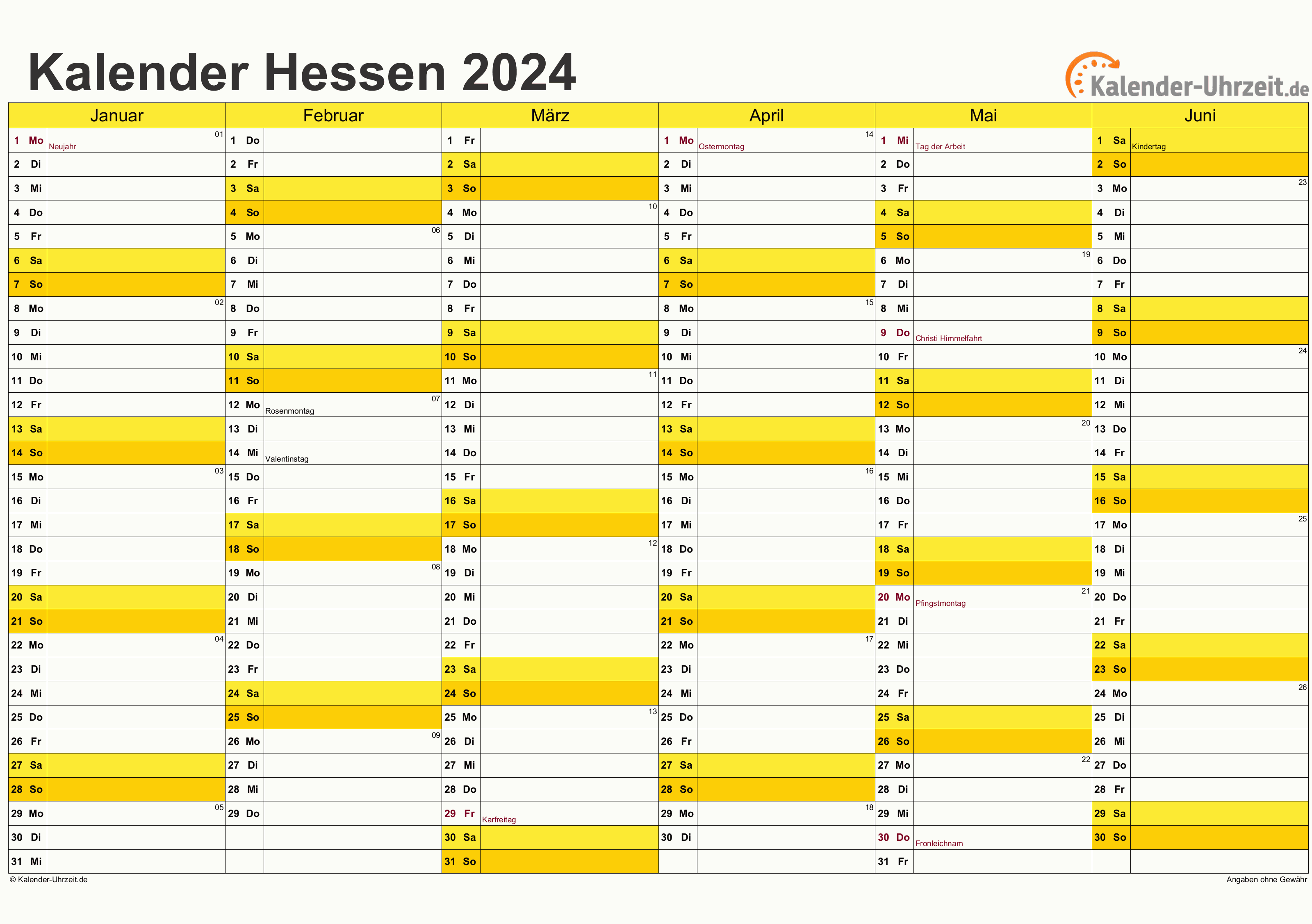 Hessen Kalender 2024 mit Feiertagen - quer-zweiseitig