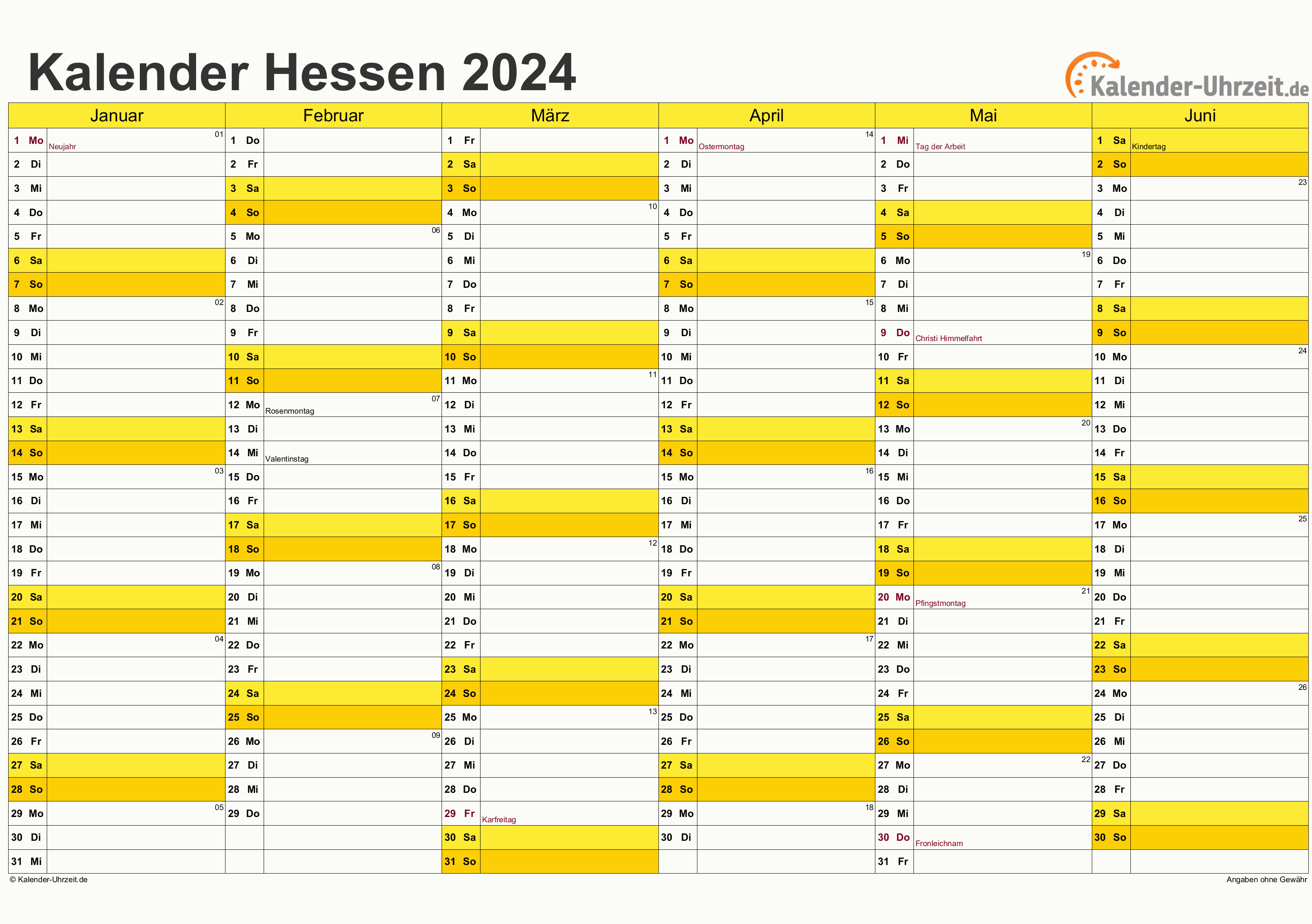 Hessen Kalender 2024 - A4 quer-zweiseitig Hessen Kalender 2024 mit Feiertagen - quer-zweiseitig