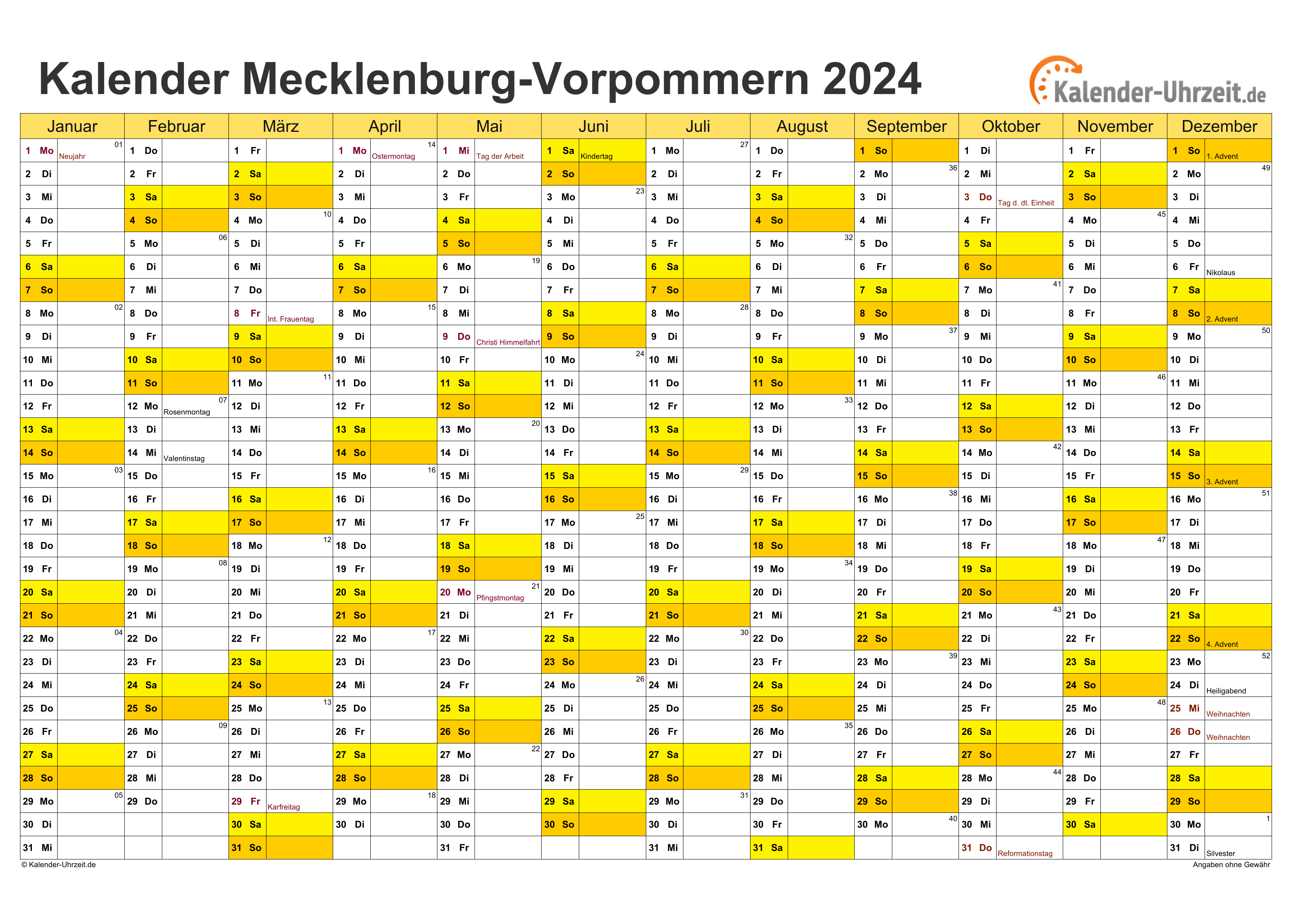 Meck.-Pomm. Kalender 2024 - A4 quer-einseitig Meck.-Pomm. Kalender 2024 mit Feiertagen - quer-einseitig
