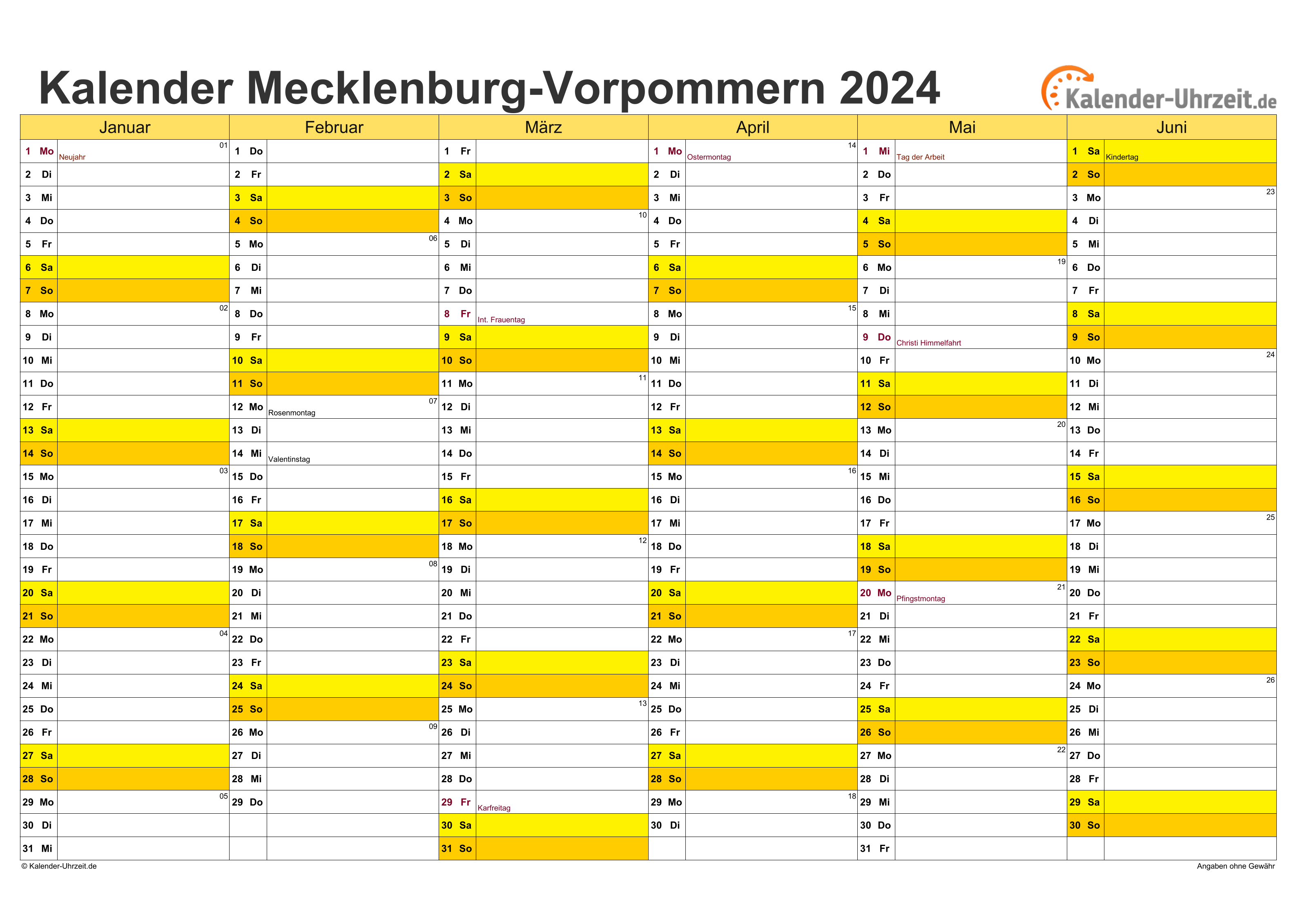 Meck.-Pomm. Kalender 2024 - A4 quer-zweiseitig Meck.-Pomm. Kalender 2024 mit Feiertagen - quer-zweiseitig