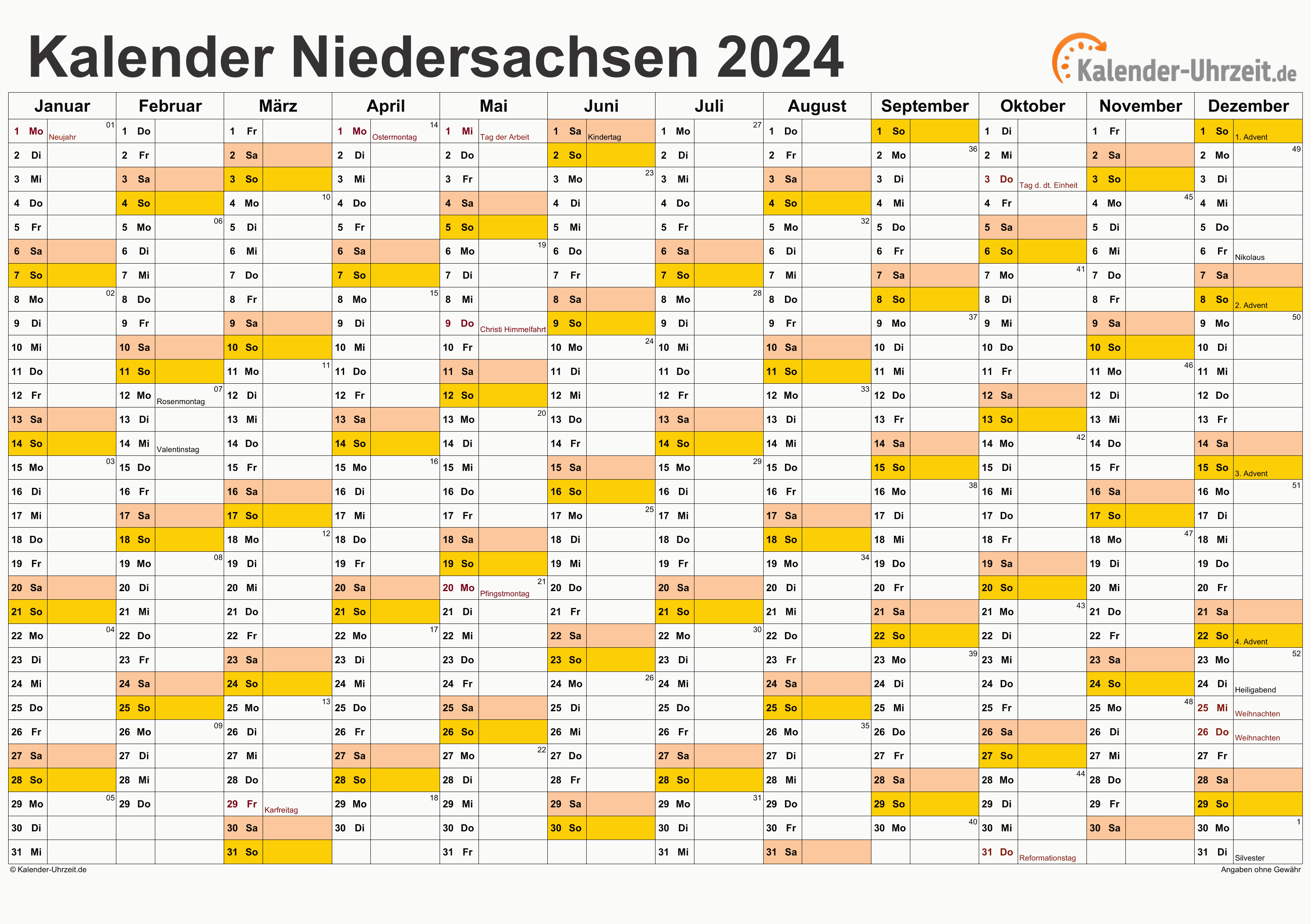 Niedersachsen Kalender 2024 mit Feiertagen - quer-einseitig