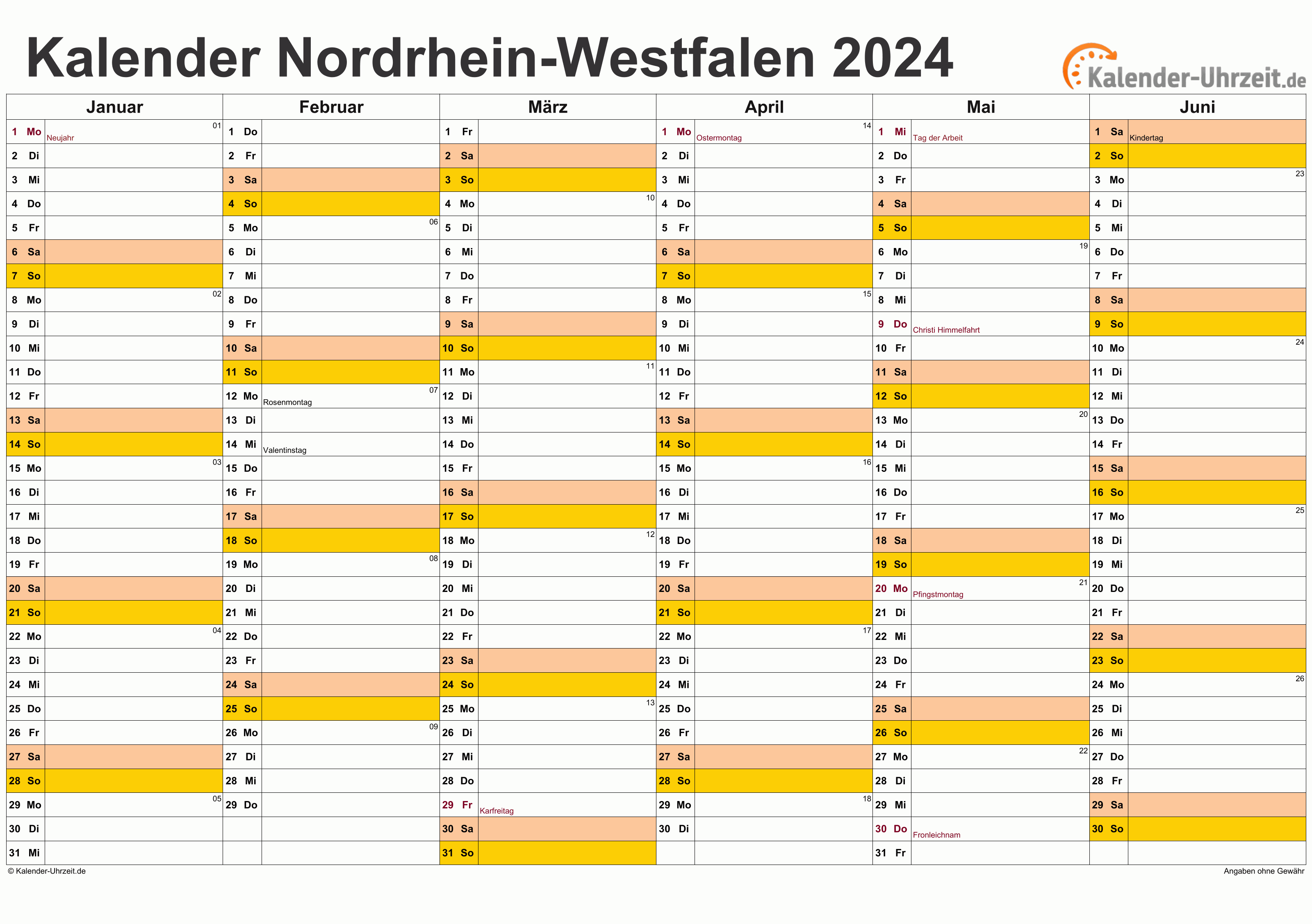 Nordrhein-Westfalen Kalender 2024 mit Feiertagen - quer-zweiseitig