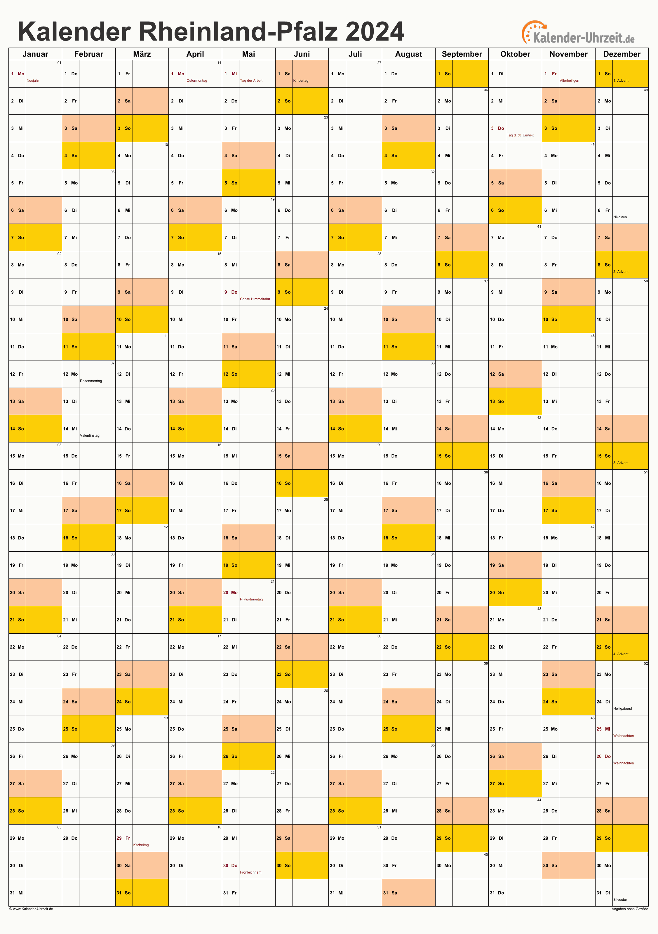 Rheinland-Pfalz Kalender 2024 - A4 hoch-einseitig Rheinland-Pfalz Kalender 2024 mit Feiertagen - hoch-einseitig