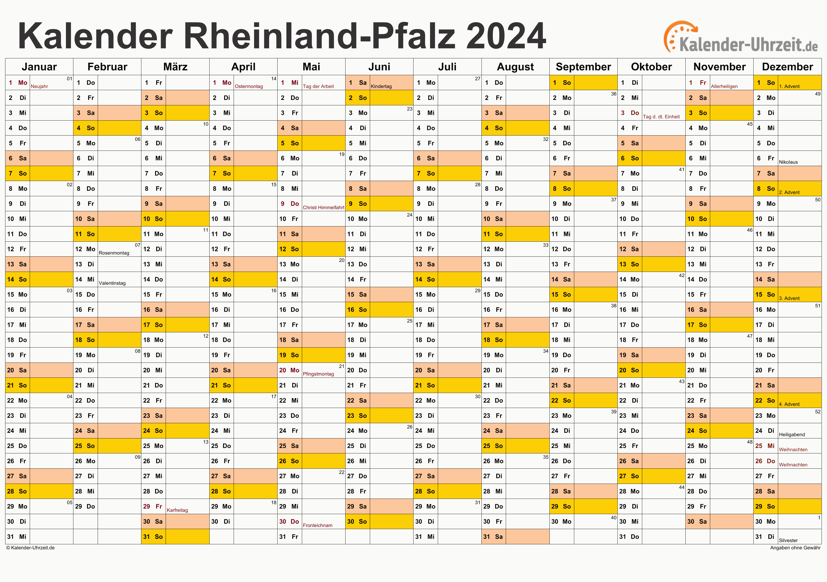 Rheinland-Pfalz Kalender 2024 mit Feiertagen - quer-einseitig