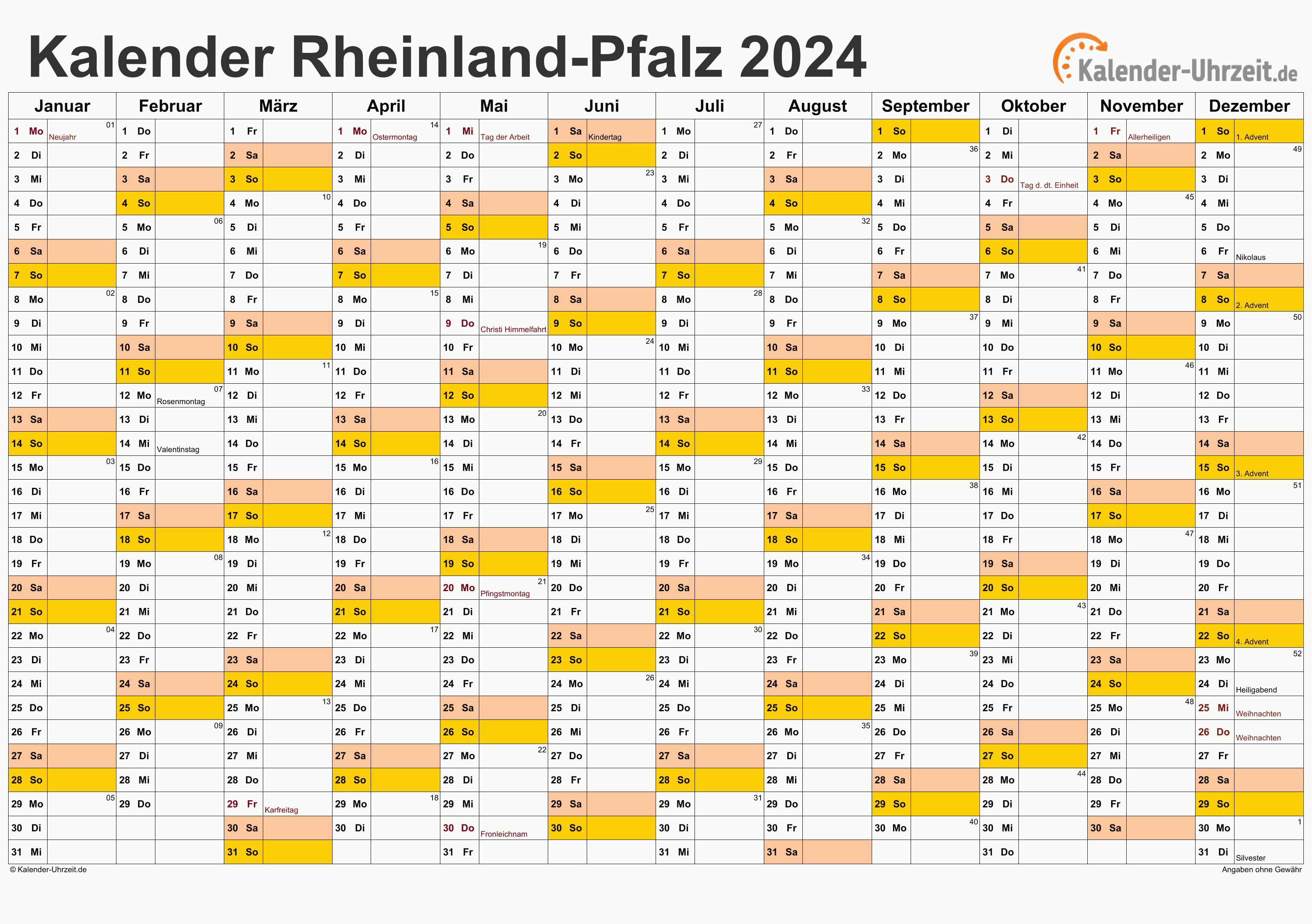 Rheinland-Pfalz Kalender 2024 - A4 quer-einseitig Rheinland-Pfalz Kalender 2024 mit Feiertagen - quer-einseitig