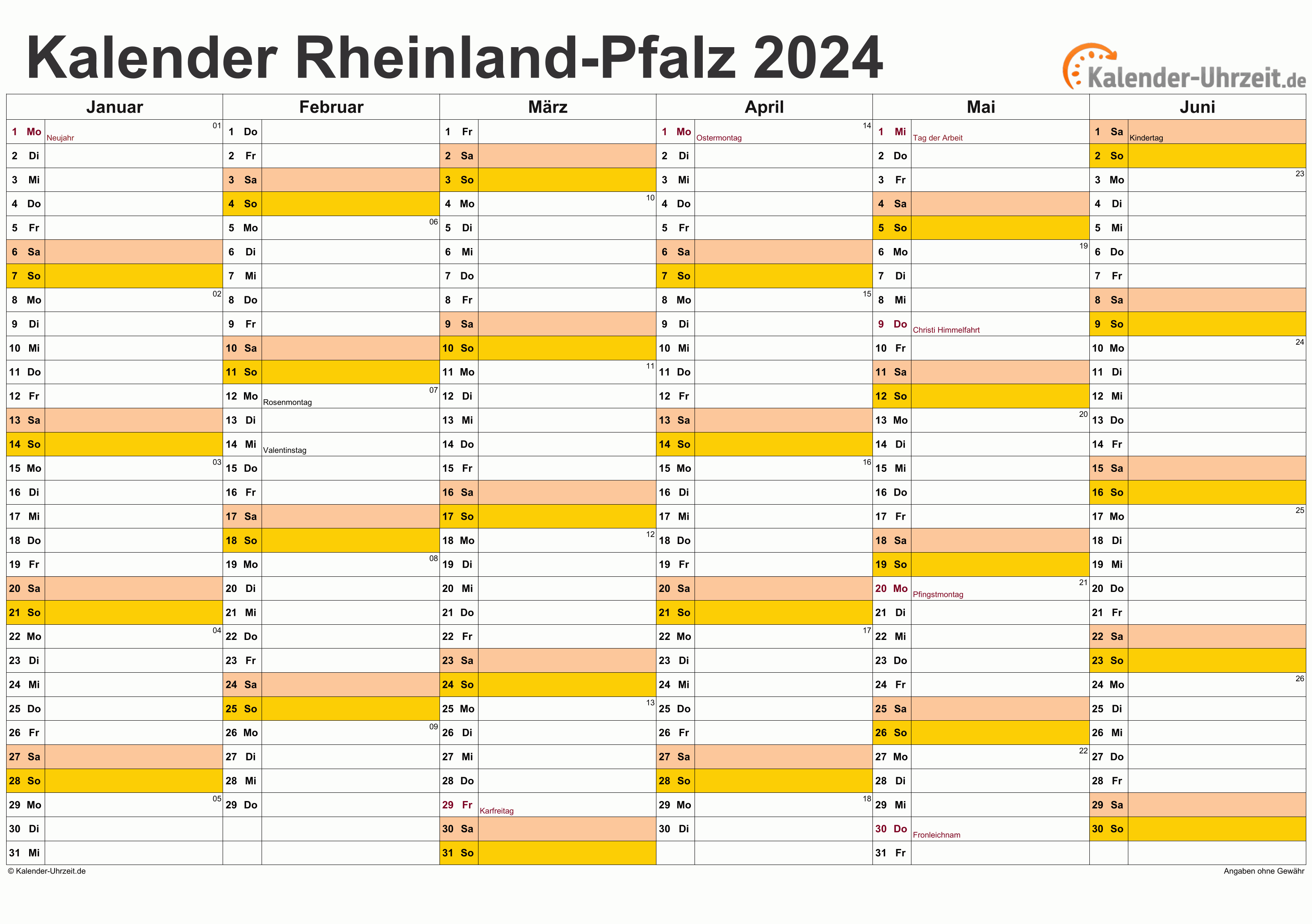 Rheinland-Pfalz Kalender 2024 mit Feiertagen - quer-zweiseitig
