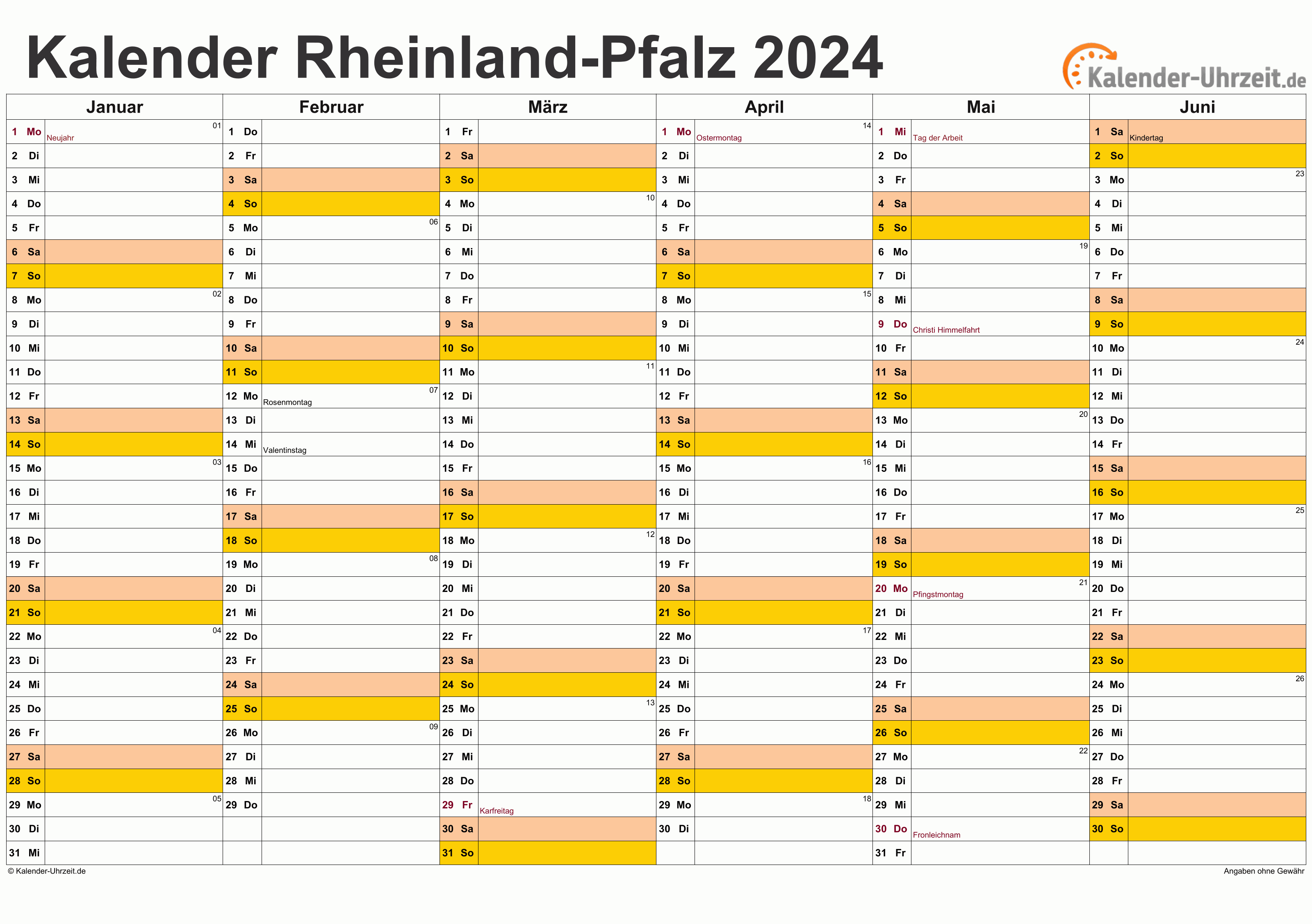 Rheinland-Pfalz Kalender 2024 - A4 quer-zweiseitig Rheinland-Pfalz Kalender 2024 mit Feiertagen - quer-zweiseitig