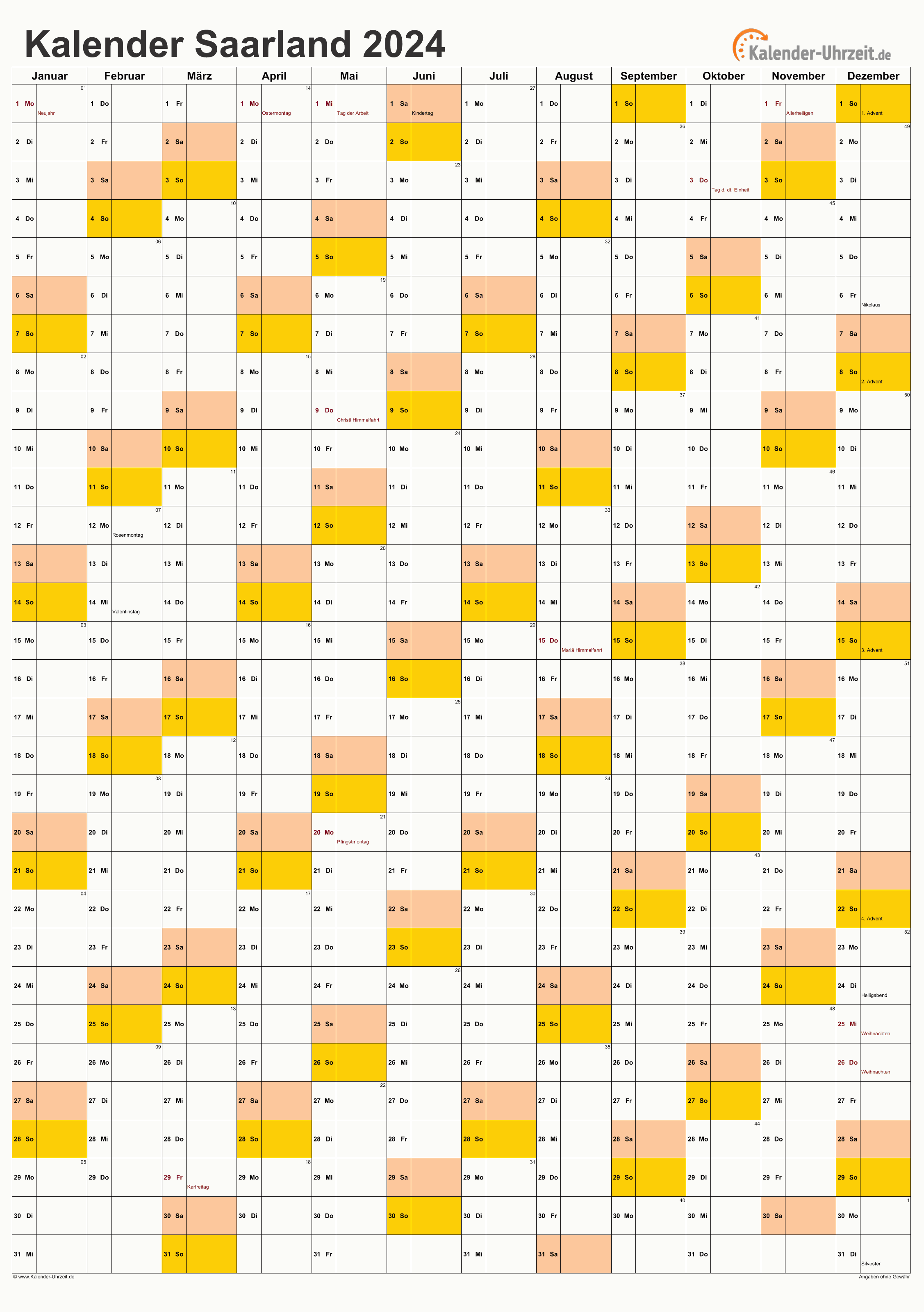 Saarland Kalender 2024 mit Feiertagen - hoch-einseitig