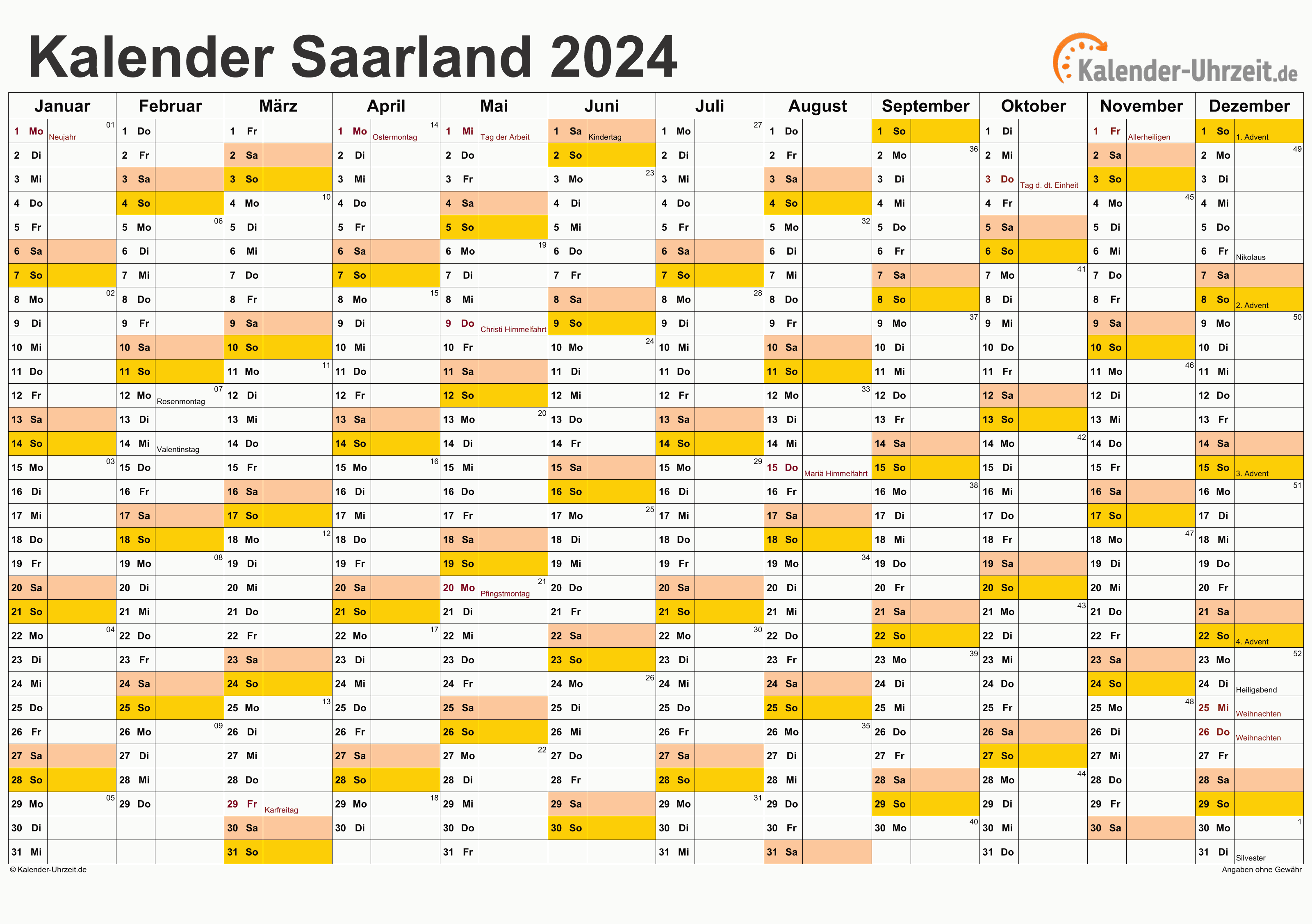 Saarland Kalender 2024 mit Feiertagen - quer-einseitig