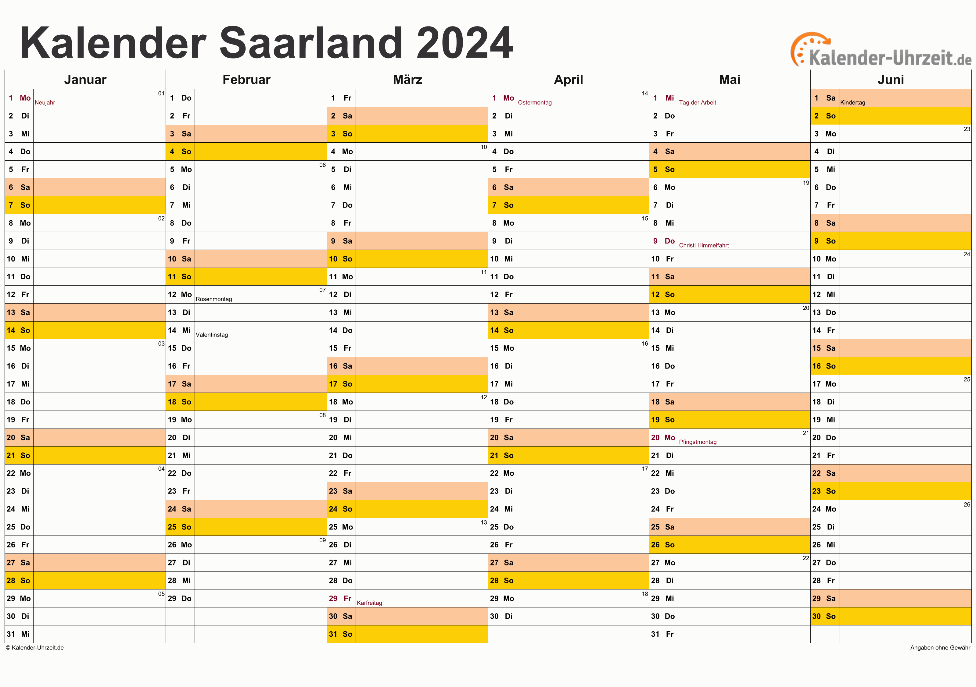 Saarland Kalender 2024 mit Feiertagen - quer-zweiseitig