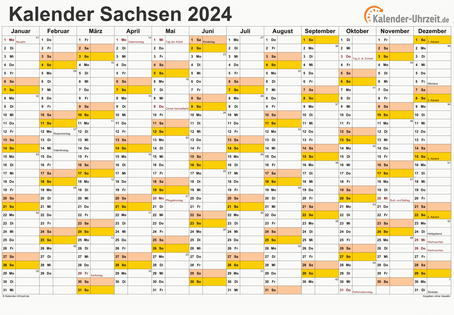 Sachsen Kalender 2024 mit Feiertagen - quer-einseitig