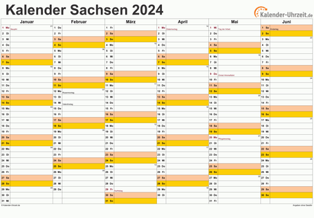 Sachsen Kalender 2024 mit Feiertagen - quer-zweiseitig