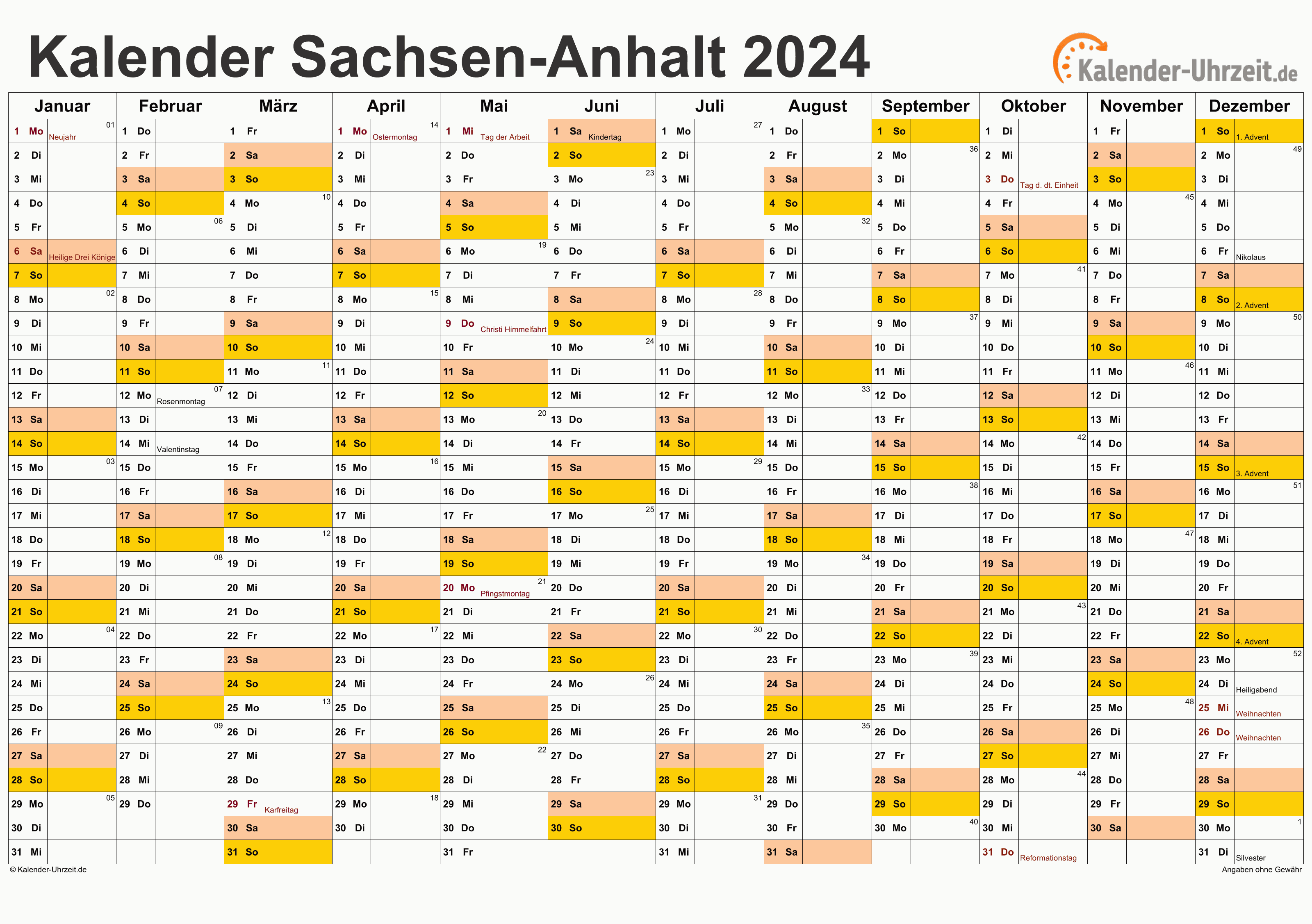 Sachsen-Anhalt Kalender 2024 mit Feiertagen - quer-einseitig