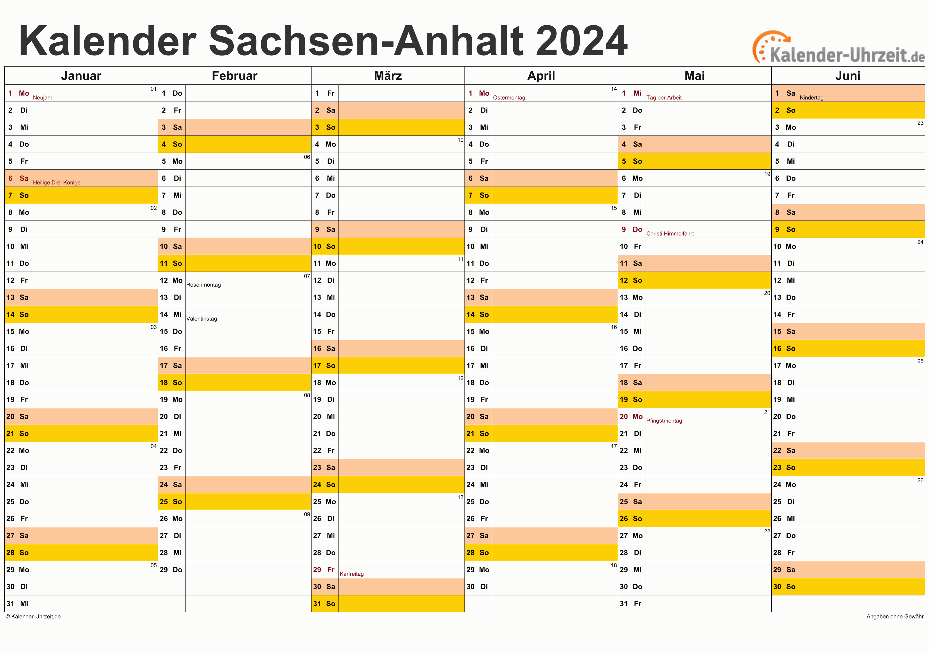 Sachsen-Anhalt Kalender 2024 mit Feiertagen - quer-zweiseitig