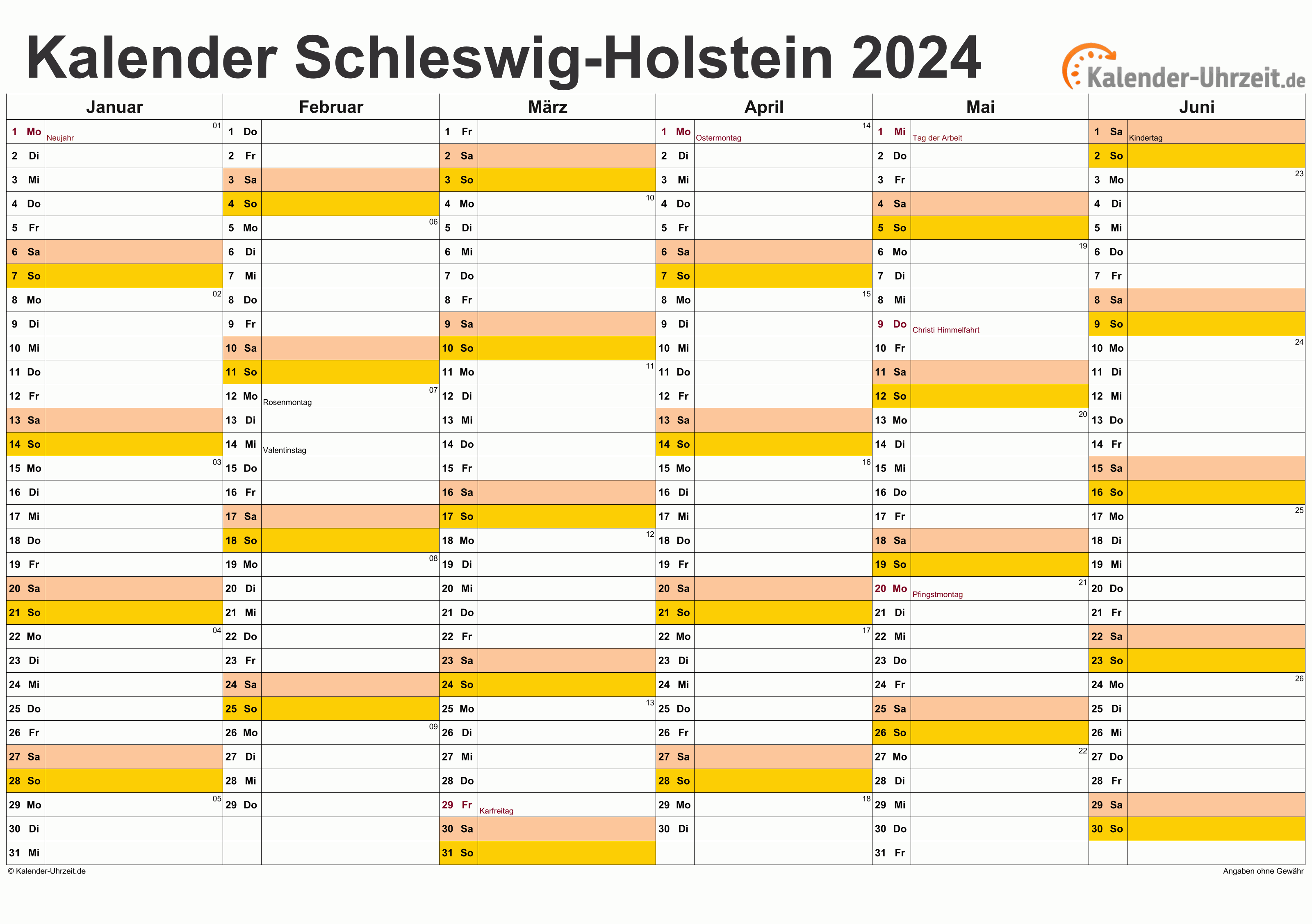 Schleswig-Holstein Kalender 2024 mit Feiertagen - quer-zweiseitig
