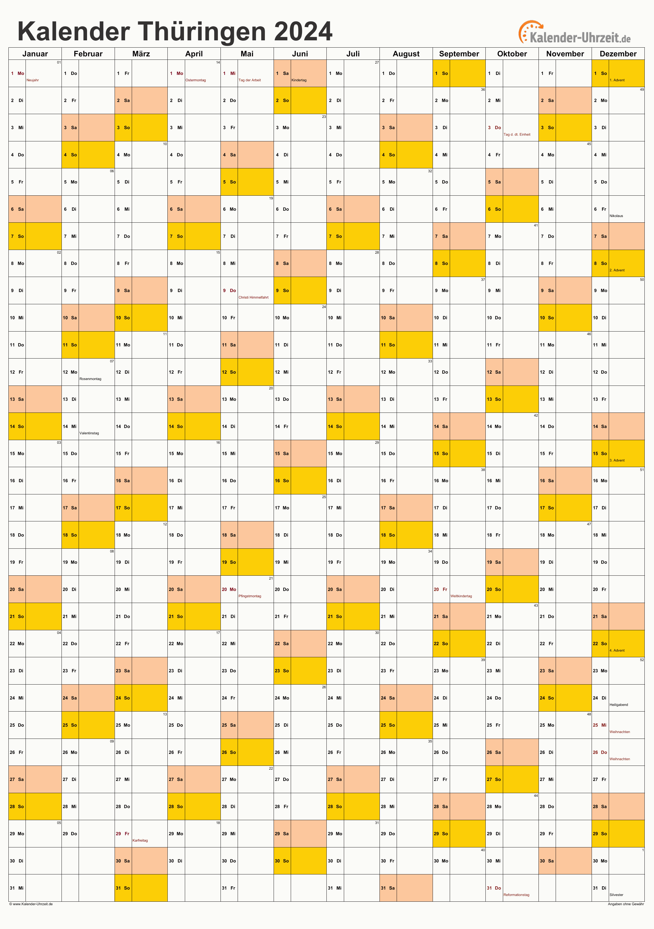 Thüringen Kalender 2024 - A4 hoch-einseitig Thüringen Kalender 2024 mit Feiertagen - hoch-einseitig