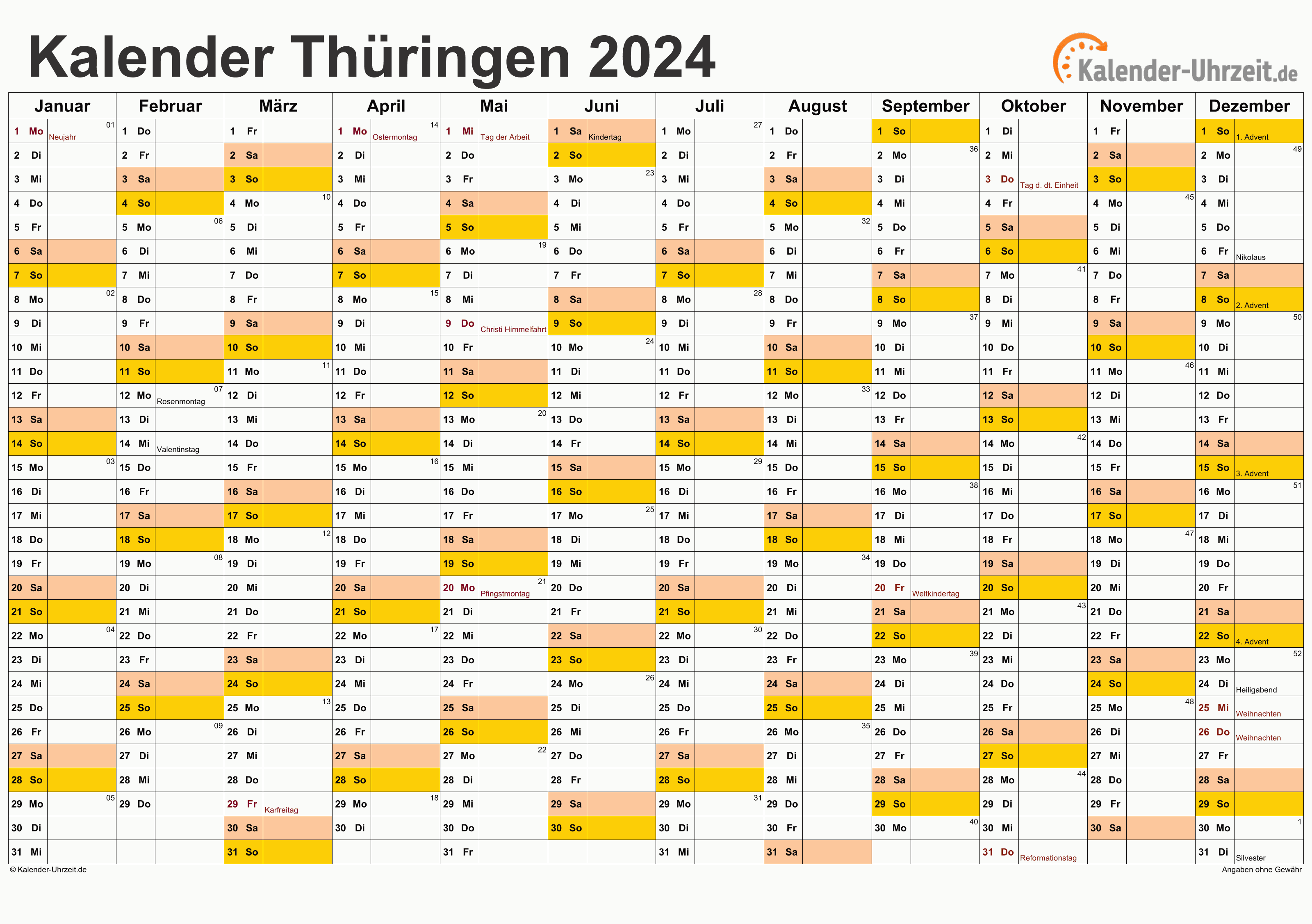 Thüringen Kalender 2024 - A4 quer-einseitig Thüringen Kalender 2024 mit Feiertagen - quer-einseitig