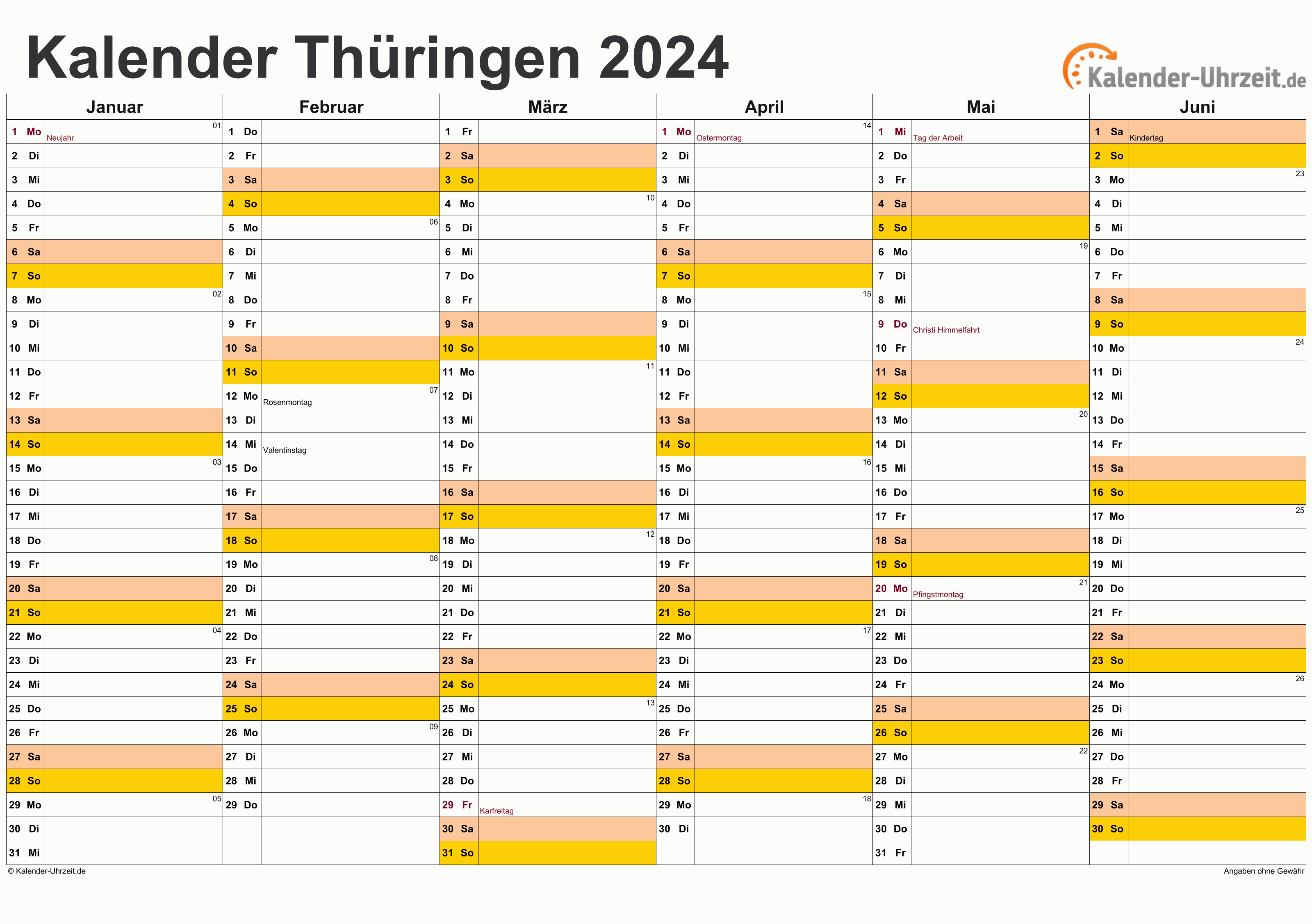 Thüringen Kalender 2024 - A4 quer-zweiseitig Thüringen Kalender 2024 mit Feiertagen - quer-zweiseitig