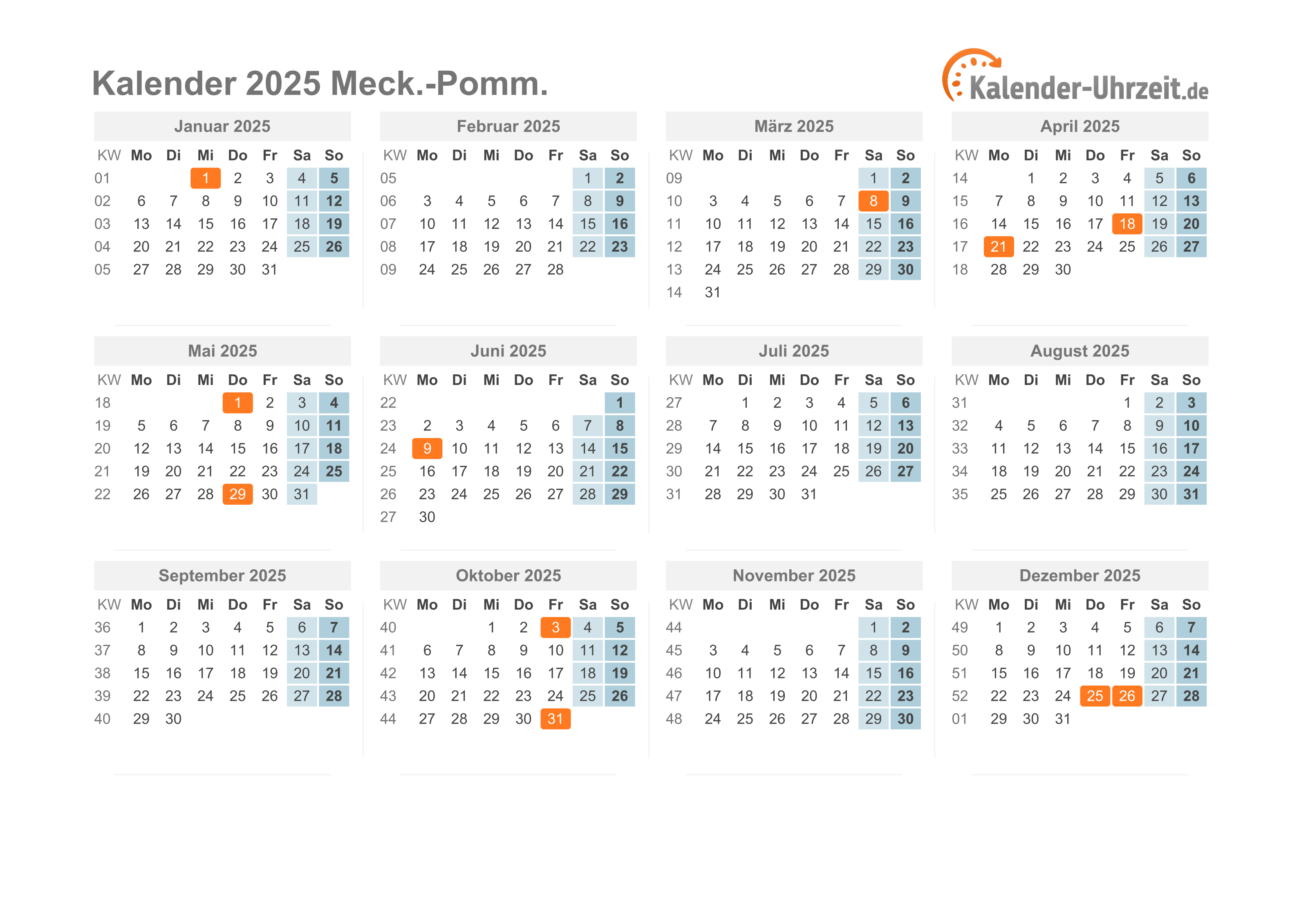 Feiertage 2025 Meck.Pomm. + Kalender