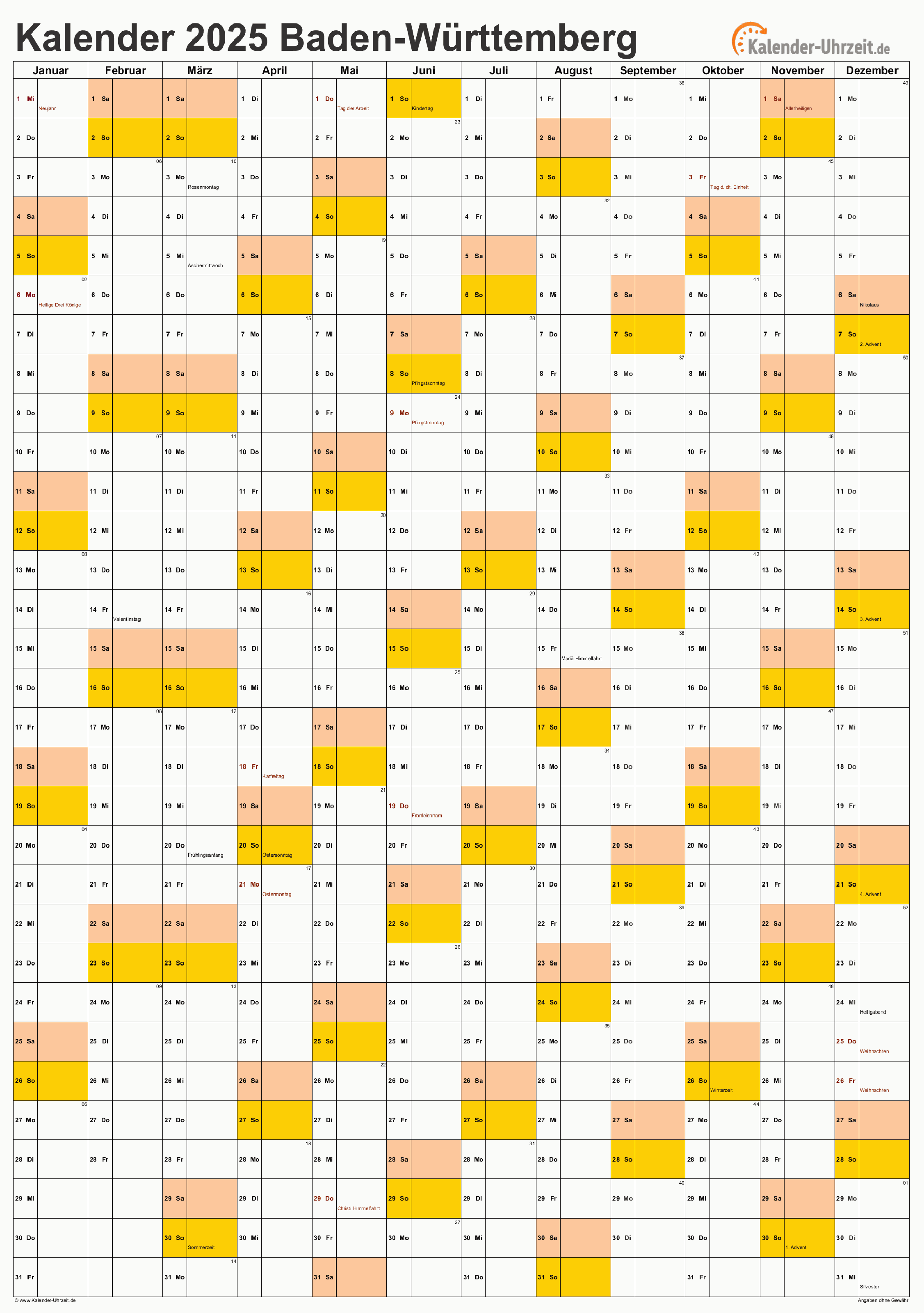 Baden-Württemberg Kalender 2025 mit Feiertagen - hoch-einseitig