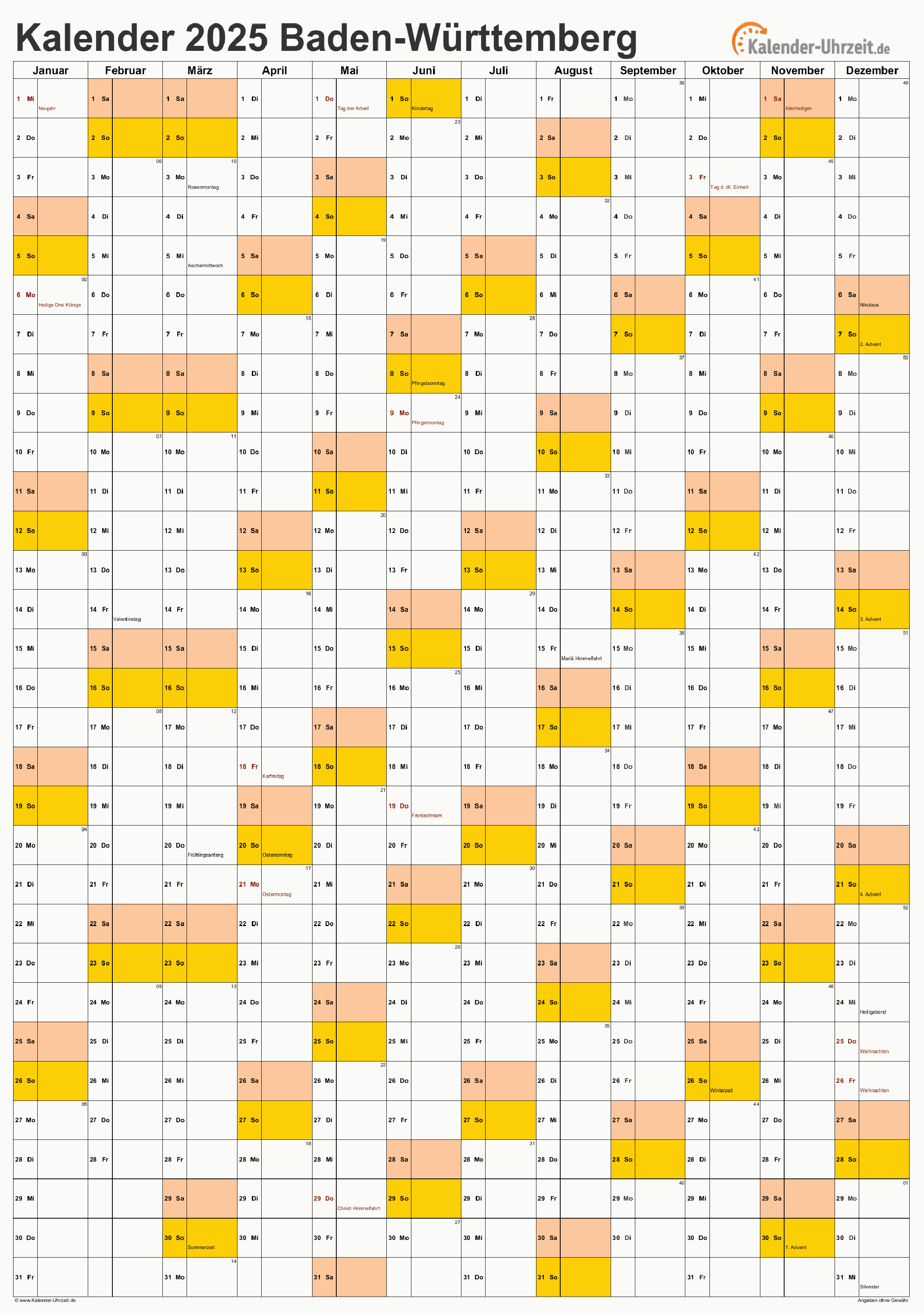 Baden-Württemberg Kalender 2025 - A4 hoch-einseitig Baden-Württemberg Kalender 2025 mit Feiertagen - hoch-einseitig