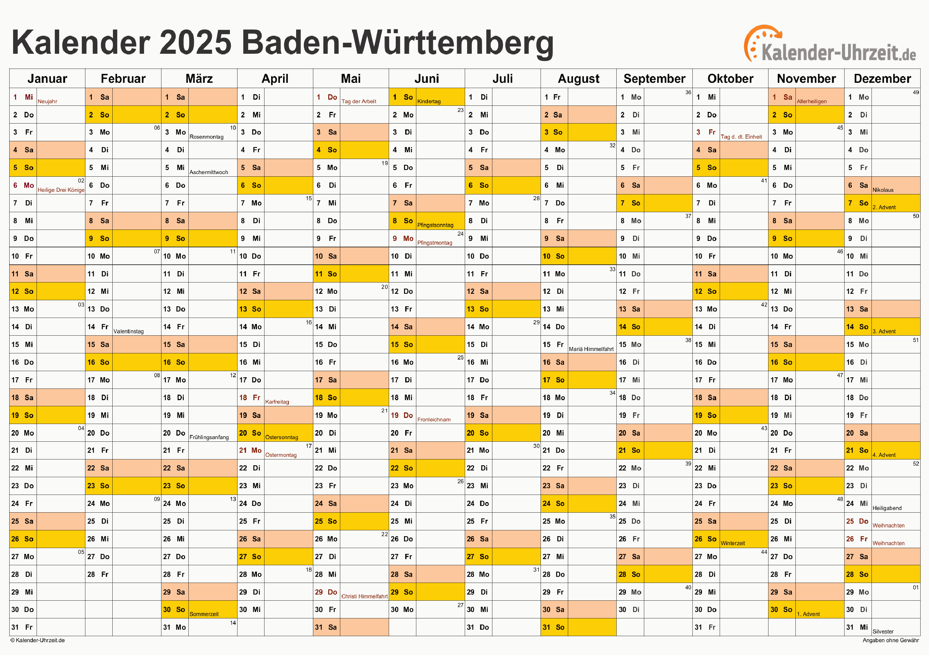 Baden-Württemberg Kalender 2025 mit Feiertagen - quer-einseitig
