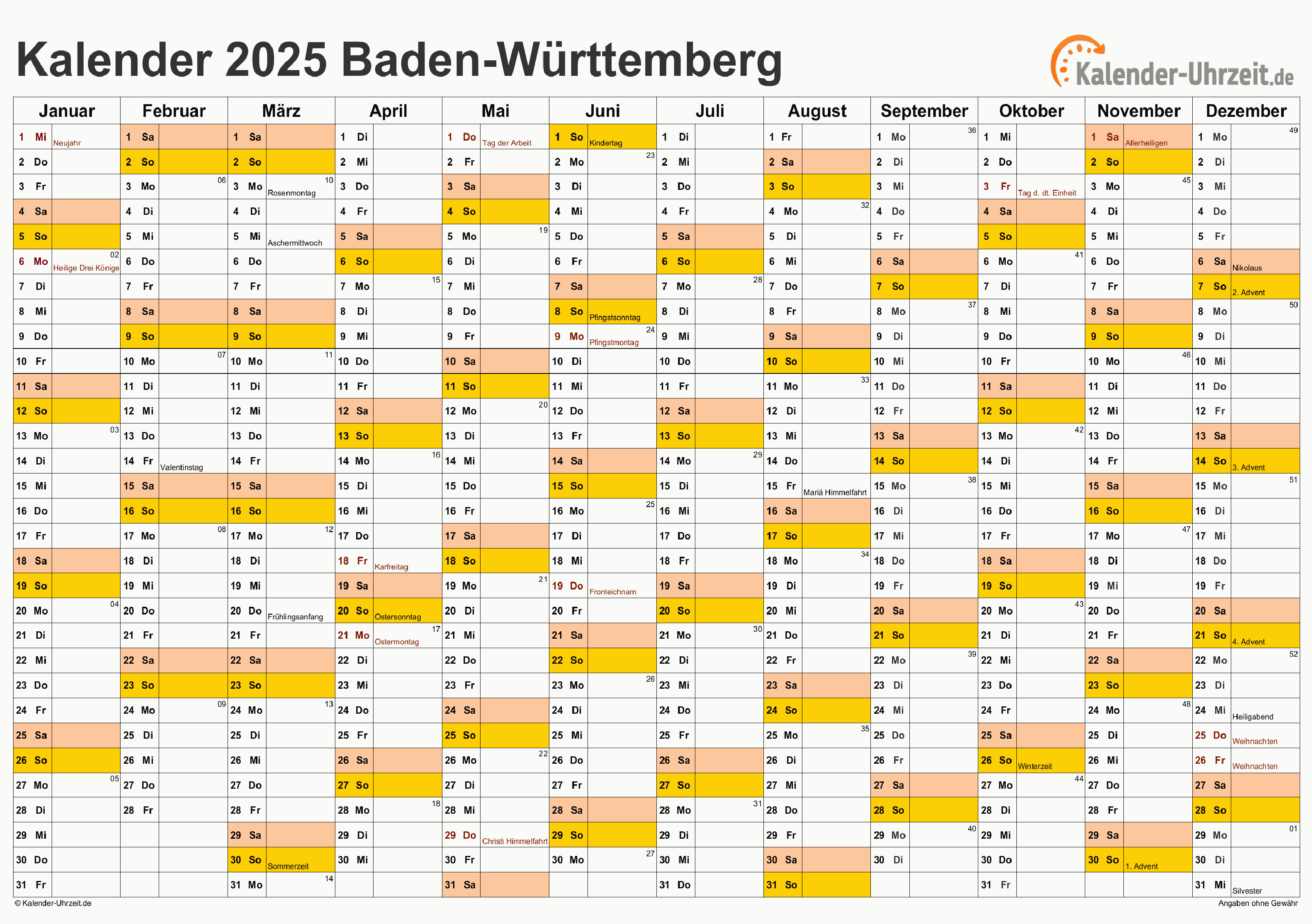 Baden-Württemberg Kalender 2025 - A4 quer-einseitig Baden-Württemberg Kalender 2025 mit Feiertagen - quer-einseitig
