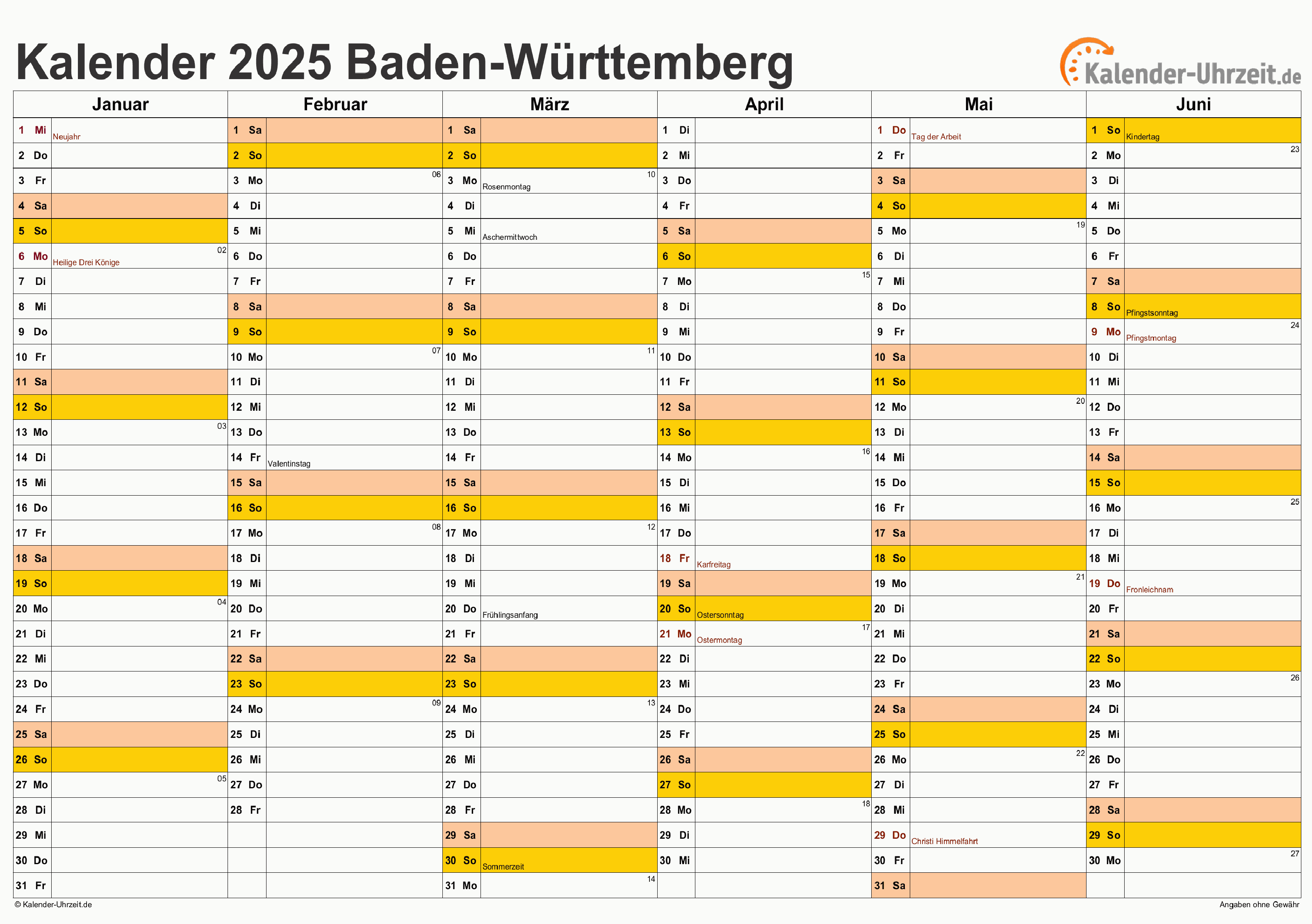 Baden-Württemberg Kalender 2025 mit Feiertagen - quer-zweiseitig