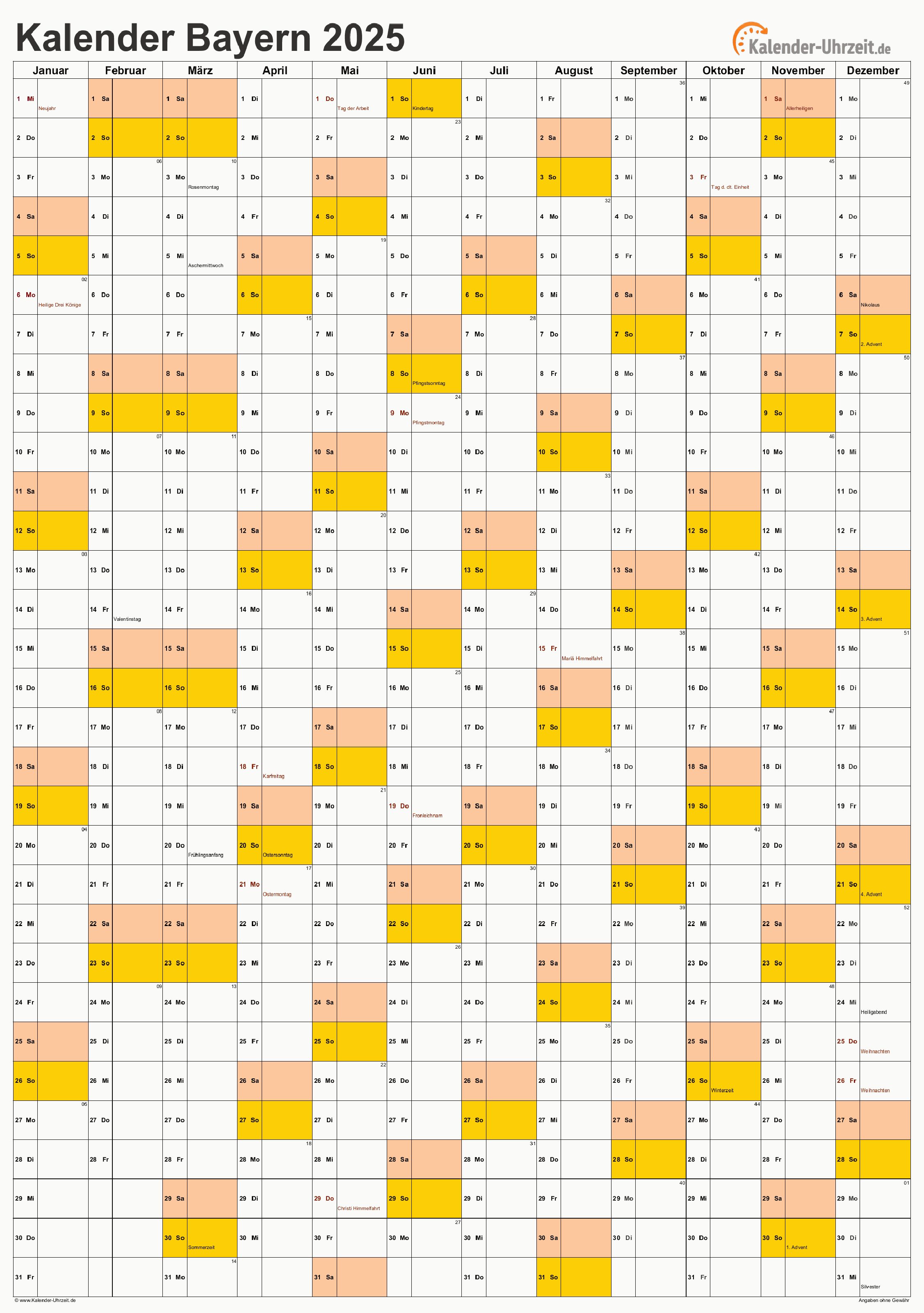Bayern Kalender 2025 - A4 hoch-einseitig Bayern Kalender 2025 mit Feiertagen - hoch-einseitig