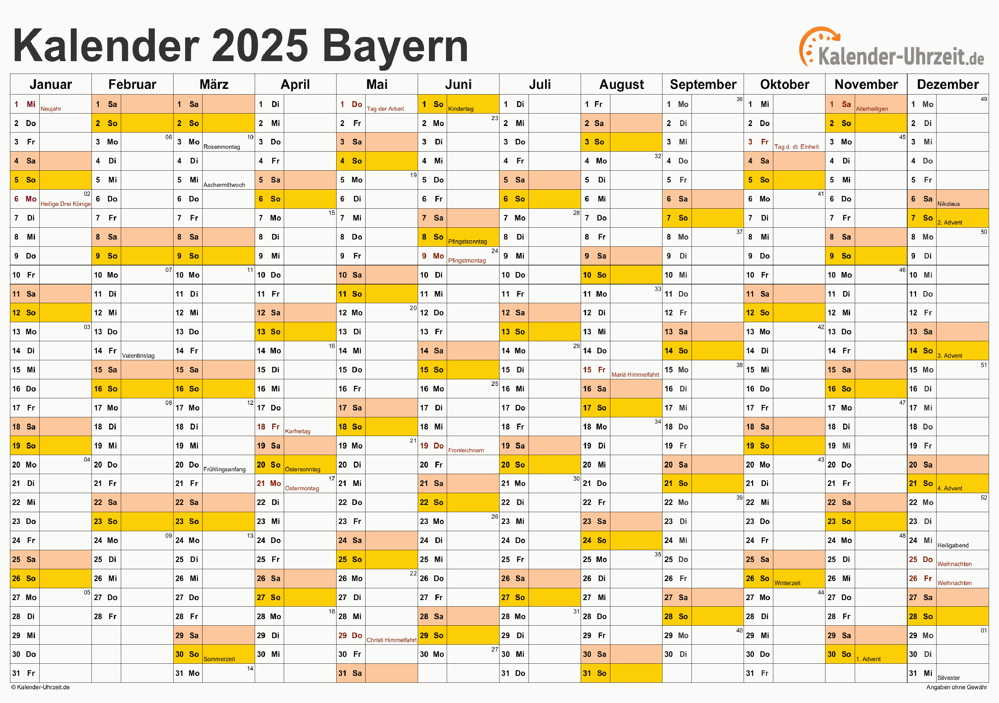 Bayern Kalender 2025 - A4 quer-einseitig Bayern Kalender 2025 mit Feiertagen - quer-einseitig