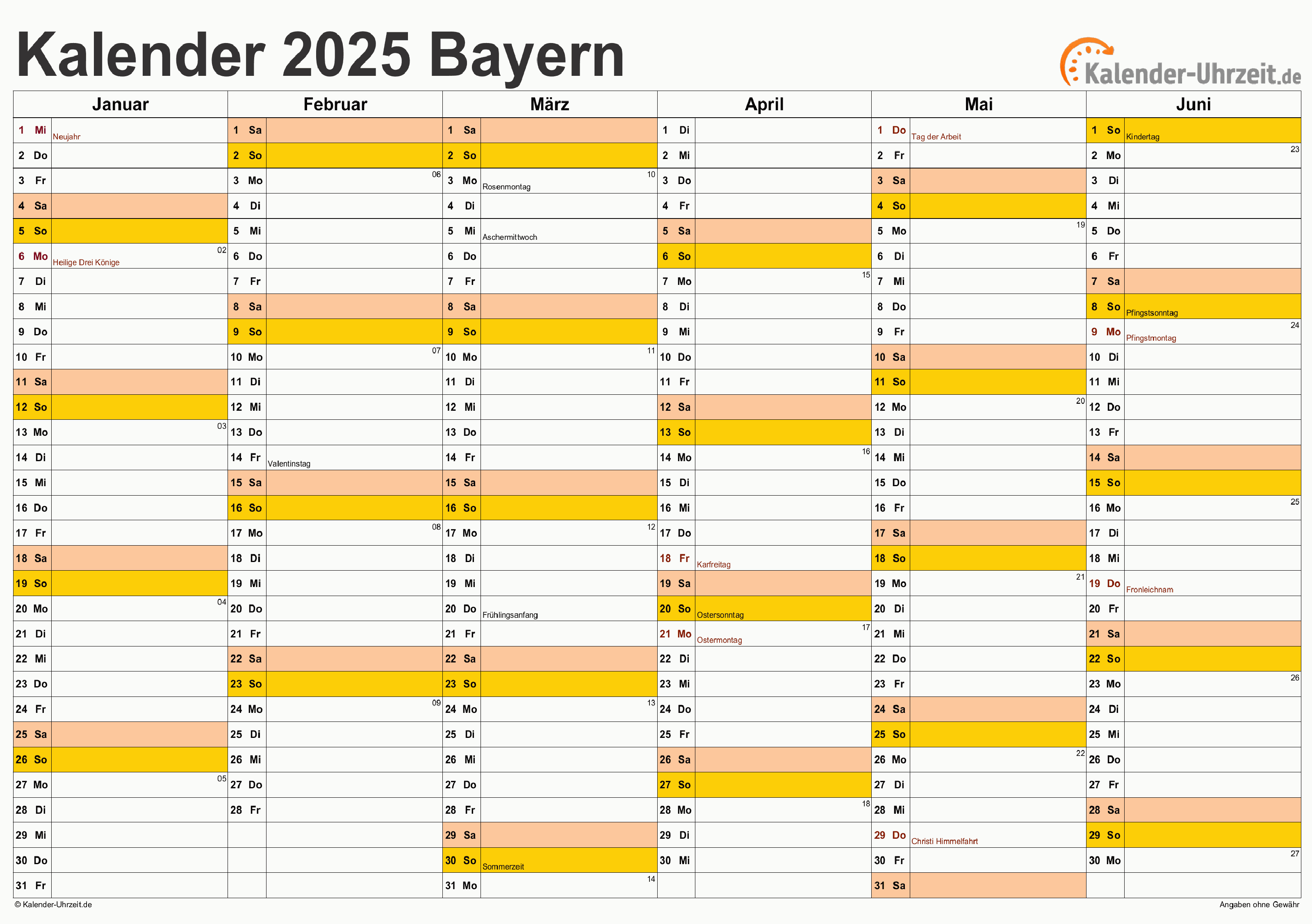 Bayern Kalender 2025 mit Feiertagen - quer-zweiseitig