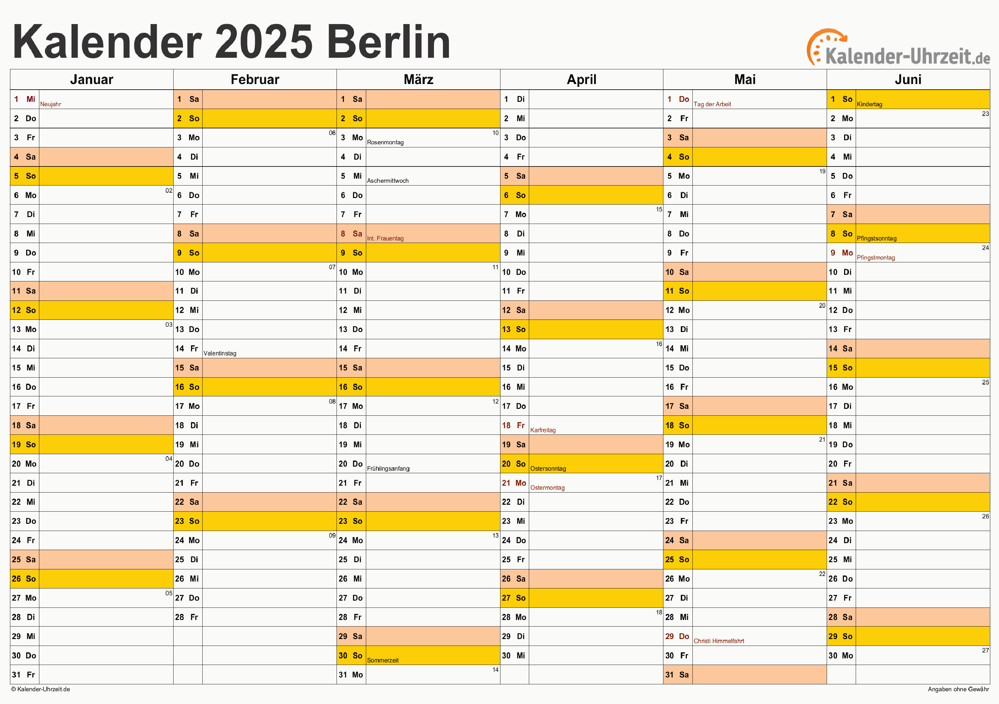 Berlin Kalender 2025 mit Feiertagen - quer-zweiseitig