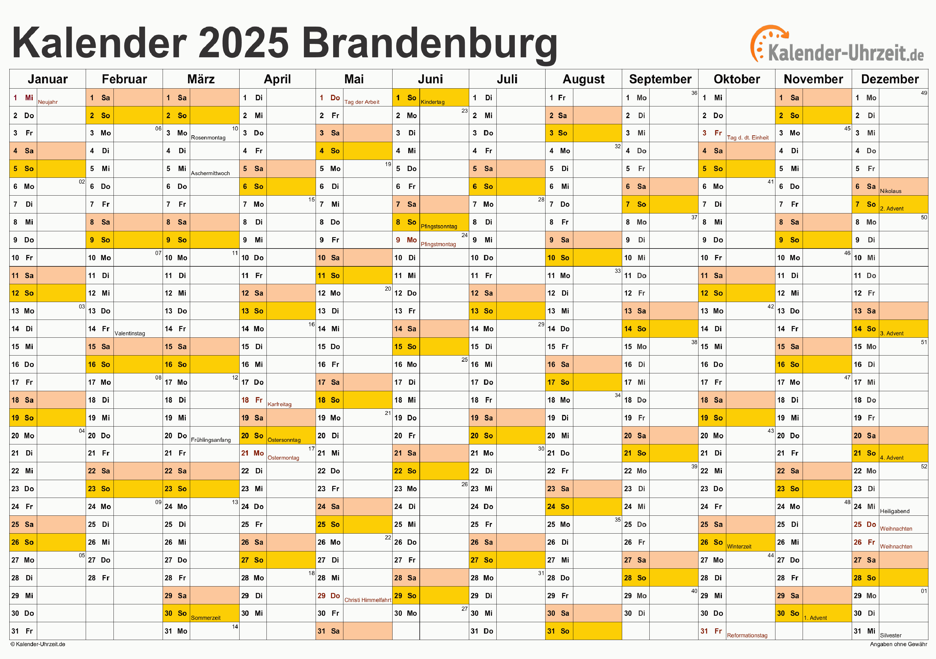Brandenburg Kalender 2025 mit Feiertagen - quer-einseitig